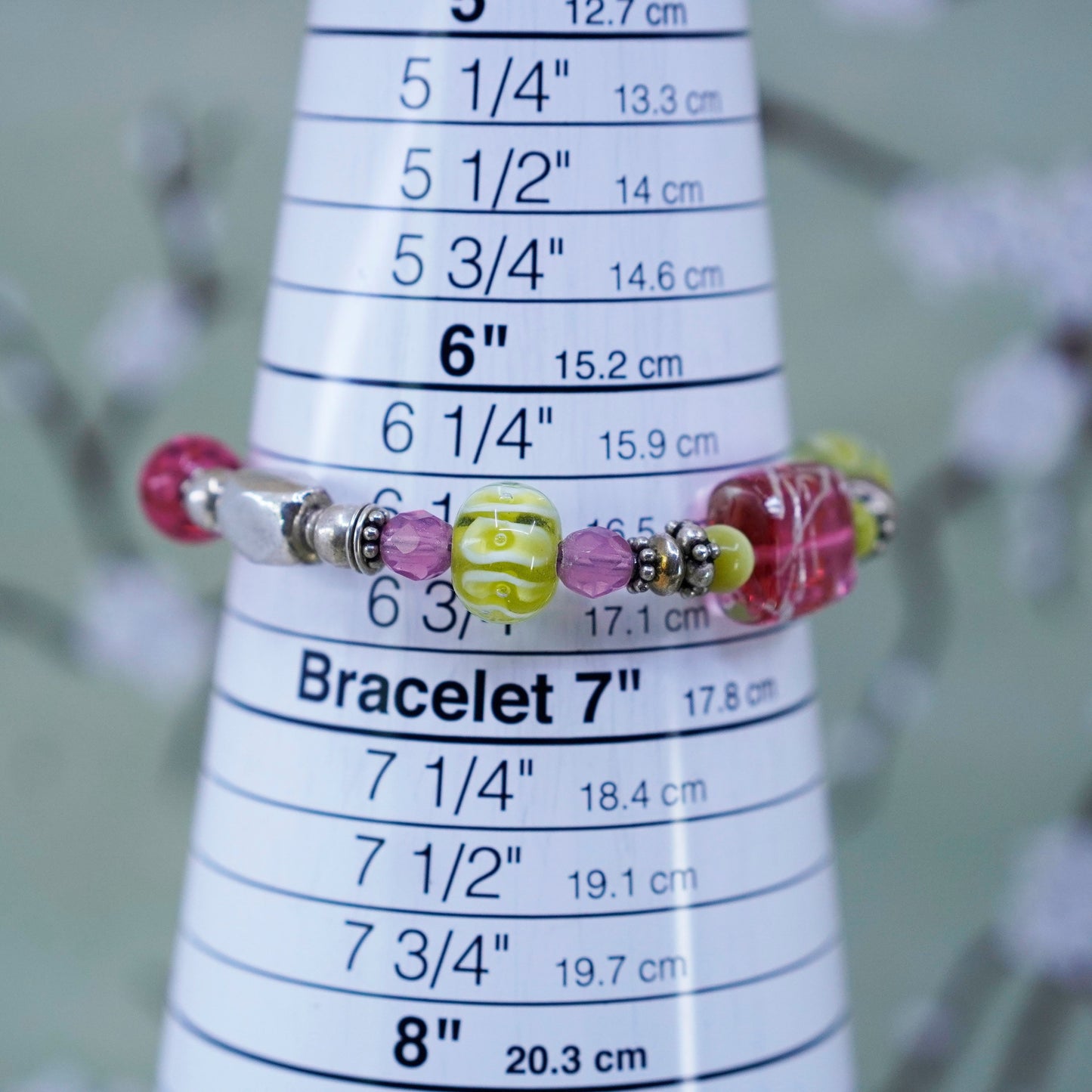 6.5”, vintage 925 Sterling silver bracelet with artisan pink glass beads