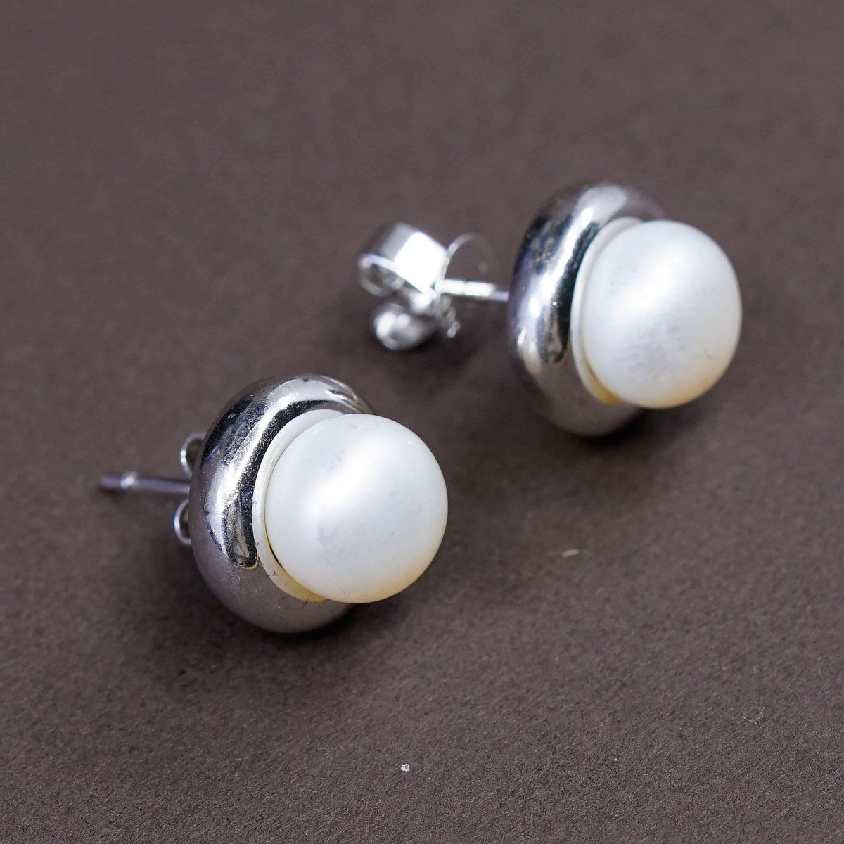 Vintage Sterling silver handmade earrings, 925 silver studs with pearl