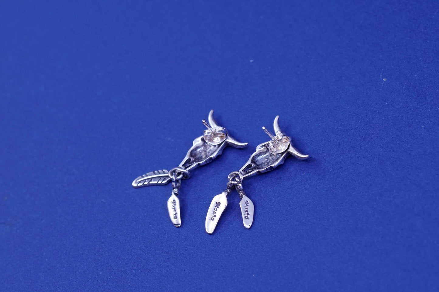 native Sheila Tso Masha Sterling silver earrings, 925 bull skull studs feathers