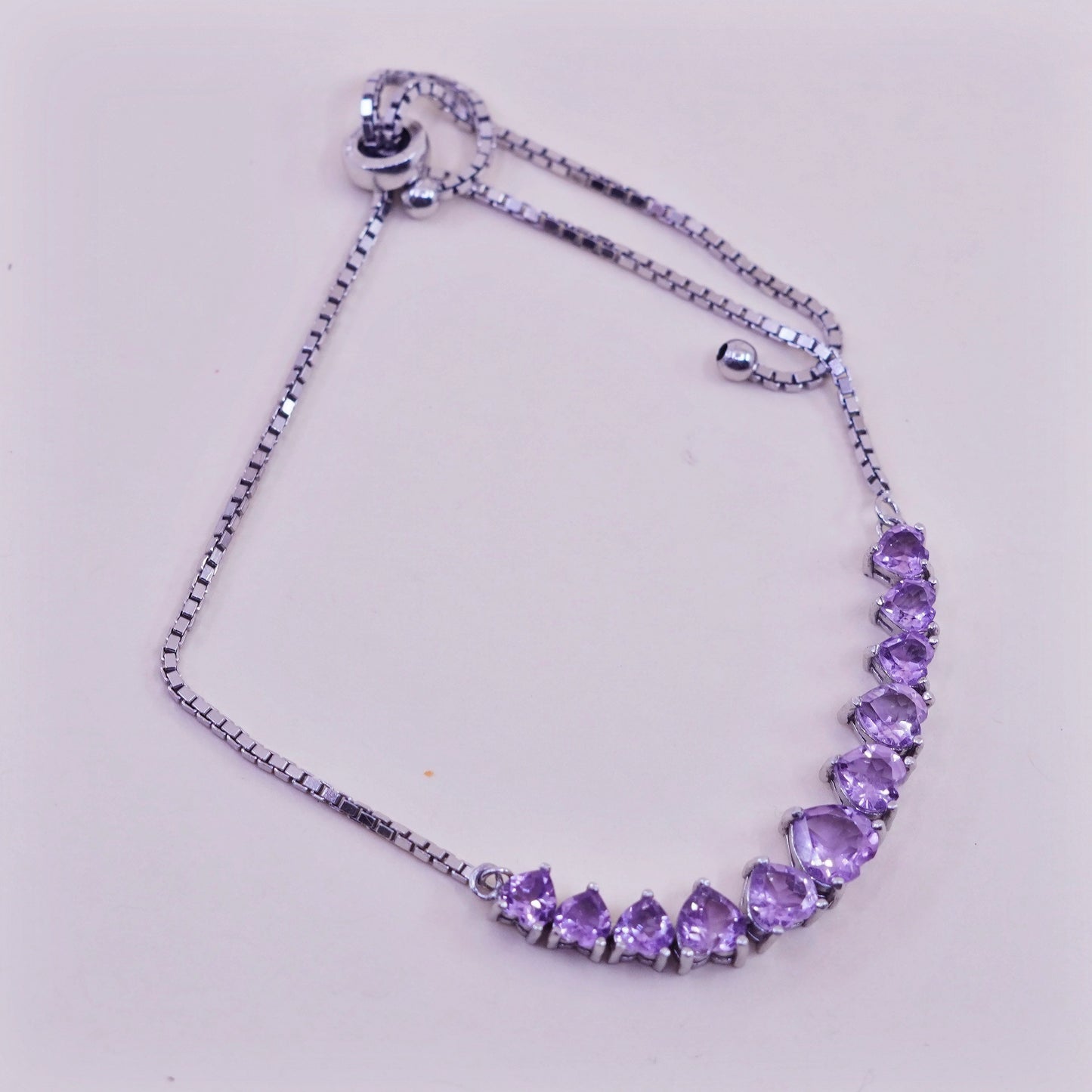 Size adjustable, Vintage sterling silver bracelet, 925 box chain heart amethyst