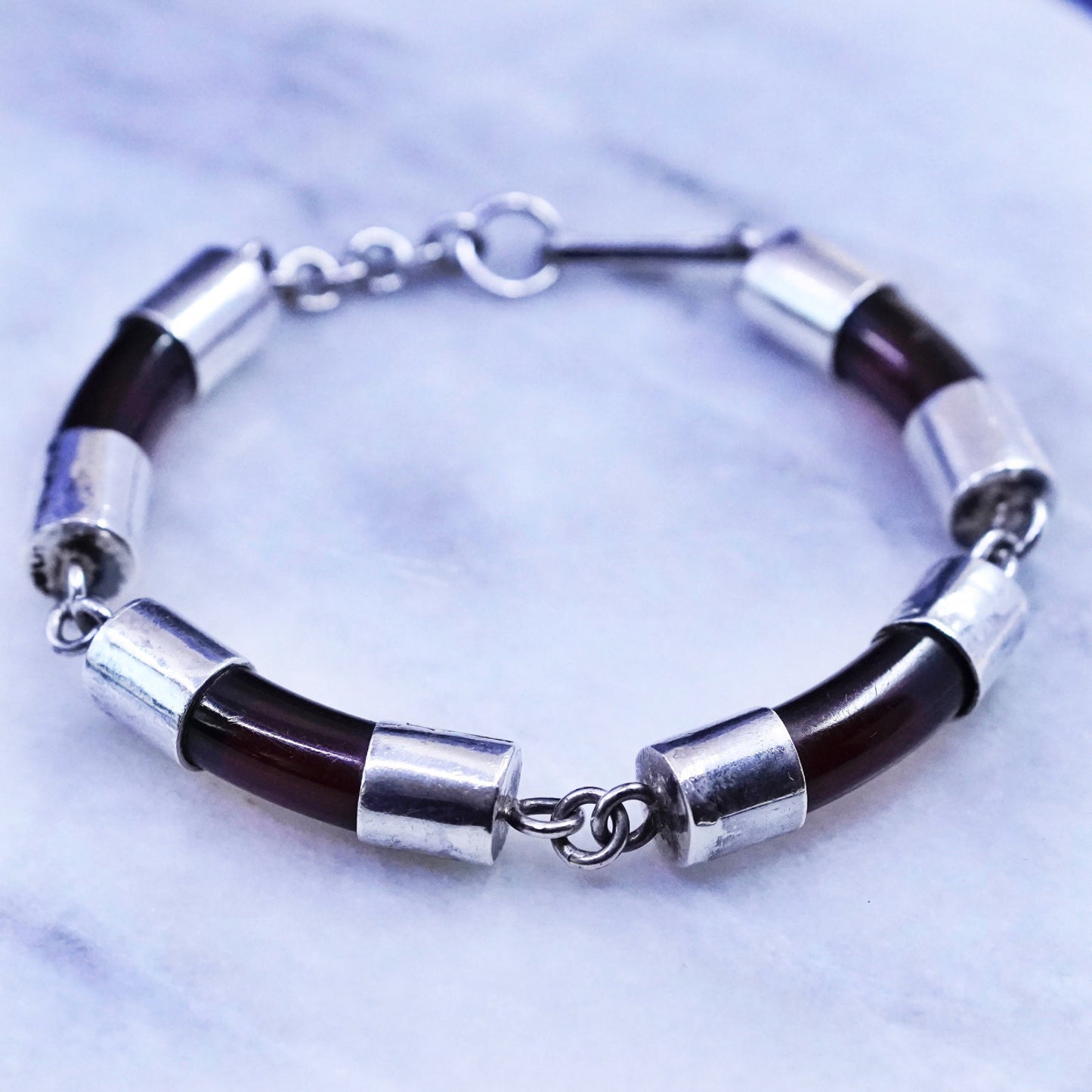 8”, vintage Sterling silver handmade bracelet, 925 bar with amber tube