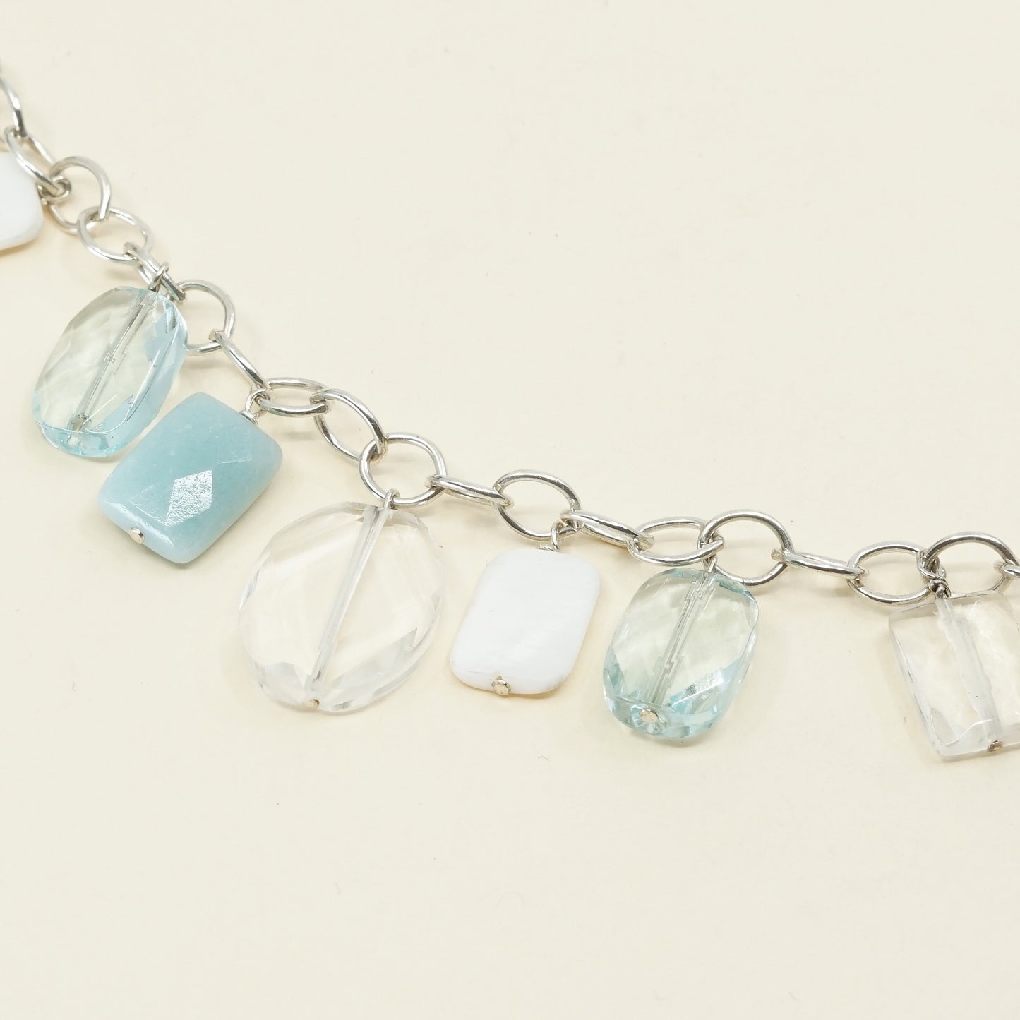 7", Sterling 925 Silver Circle Chain w/ jade and crystal charms, bracelet jade