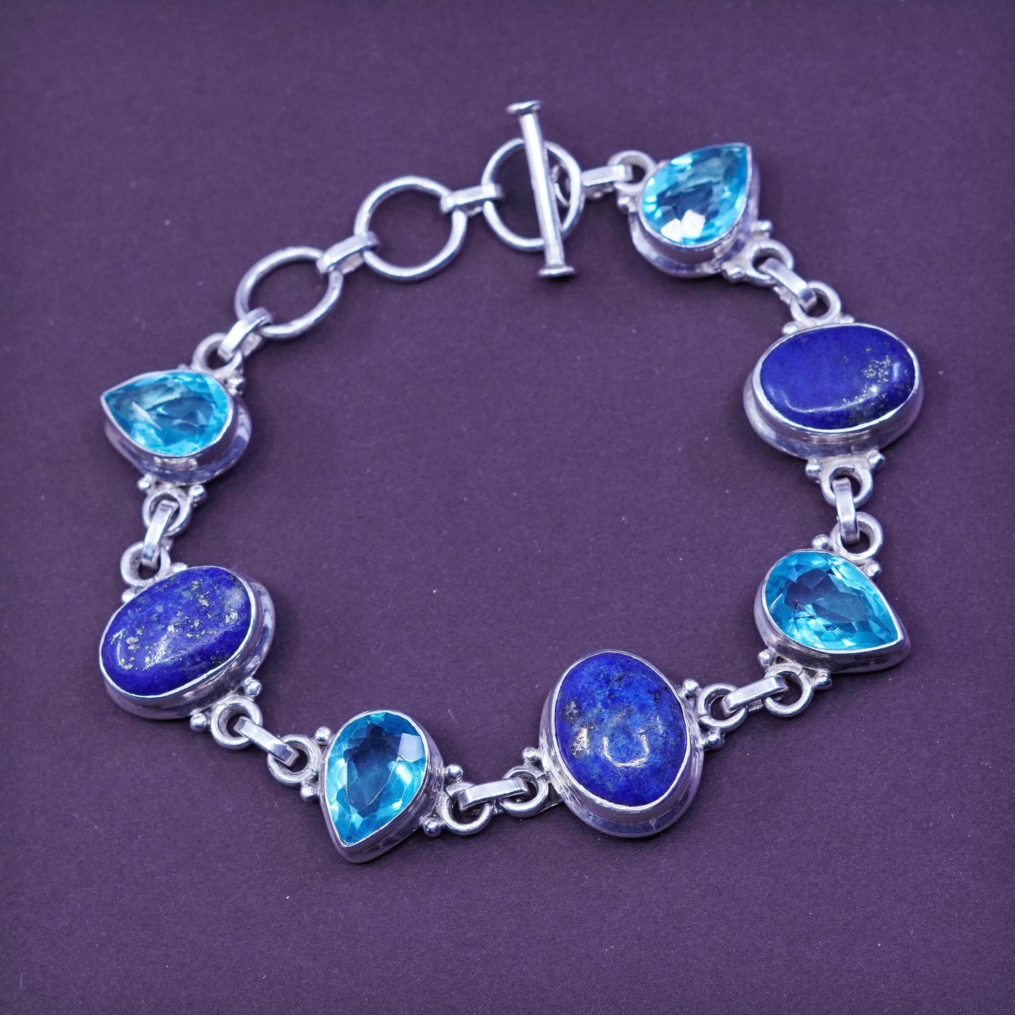 7+1”, Sterling 925 silver handmade bracelet with lapis lazuli N teardrop topaz