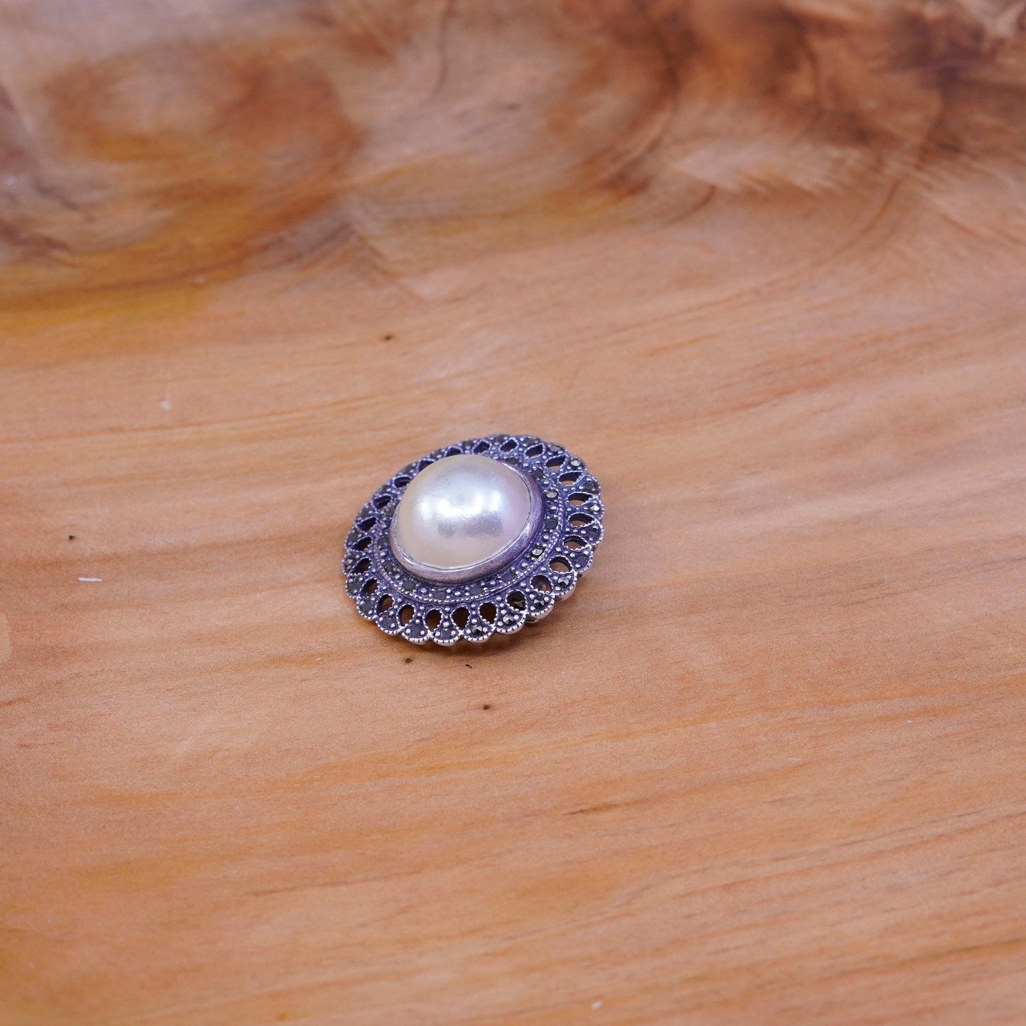 Boma handmade sterling silver brooch, 925 round pin with faux pearl marcasite