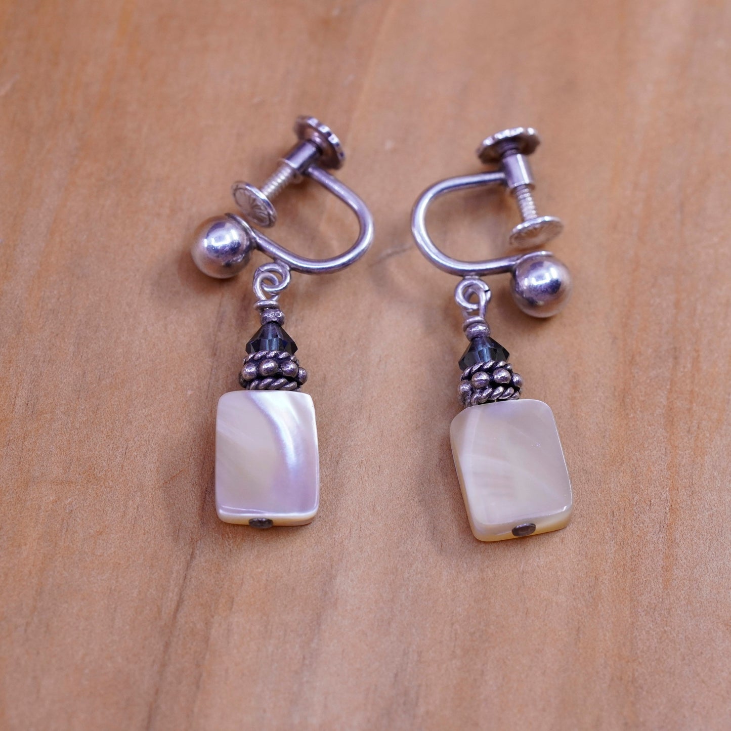 Sterling silver screw back handmade earrings, 925 dangles with mother of pearl