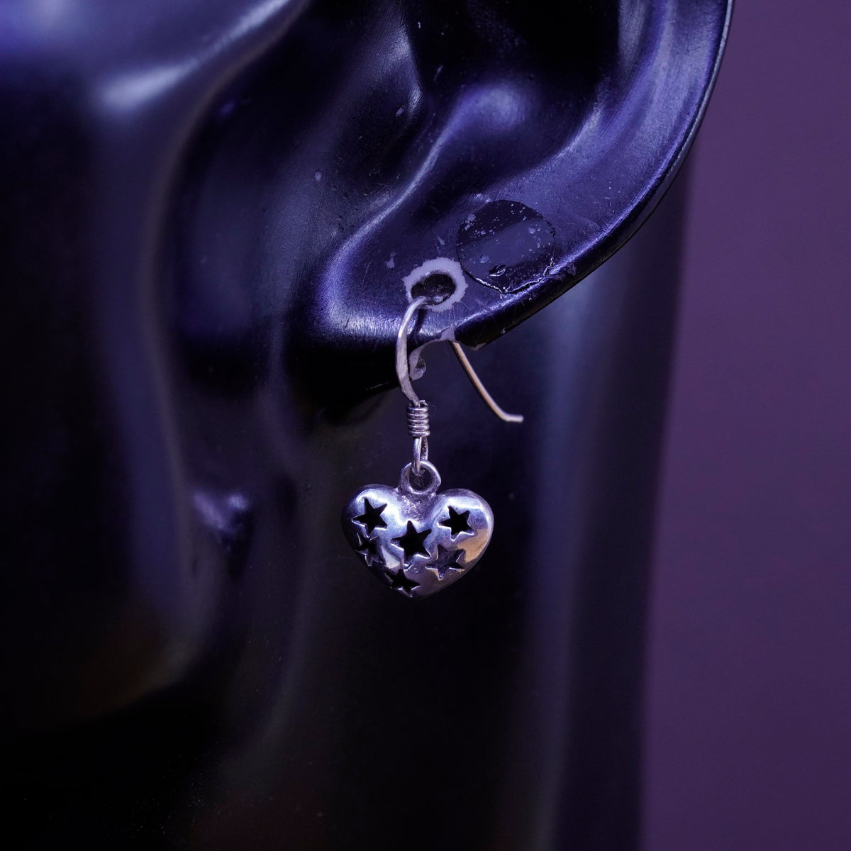Vintage Sterling silver handmade earrings, 925 heart drops with star cut out