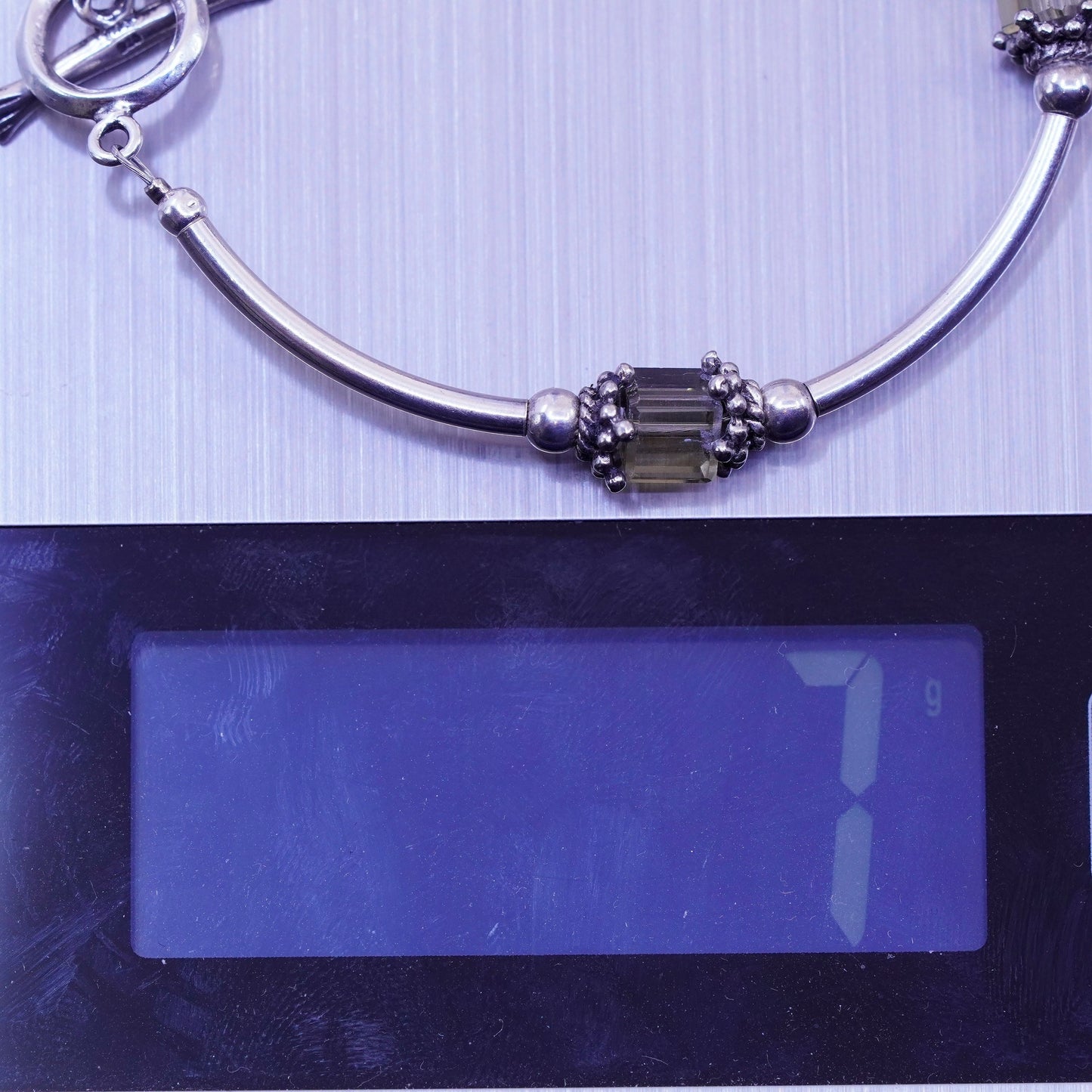 6.5”, vintage Sterling silver handmade bracelet, 925 bar smoky crystal beads