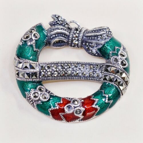 Vtg Christmas Sterling Silver Habdmade Pendant, 925 W/ Enamel Marcasite Wreath