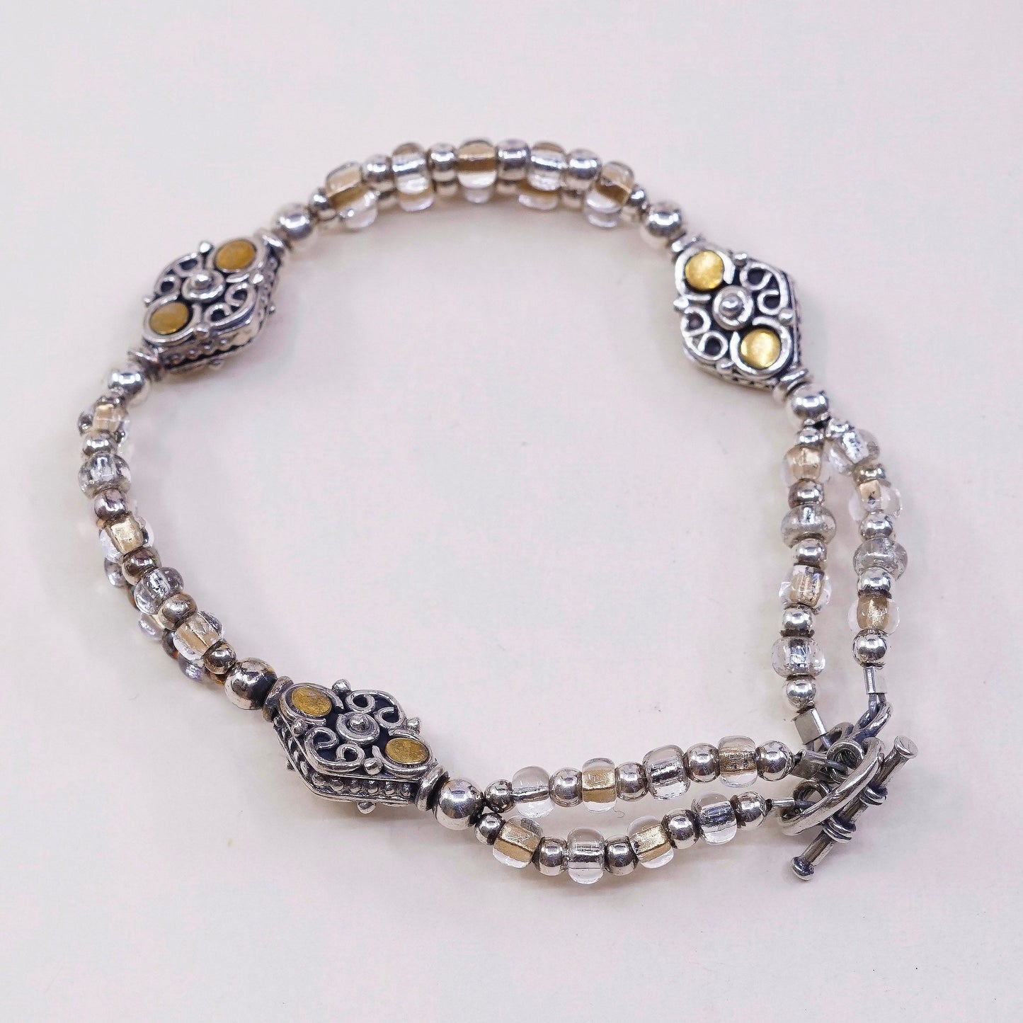 5.75”, VTG sterling silver handmade bracelet, 925 beads N toggle
