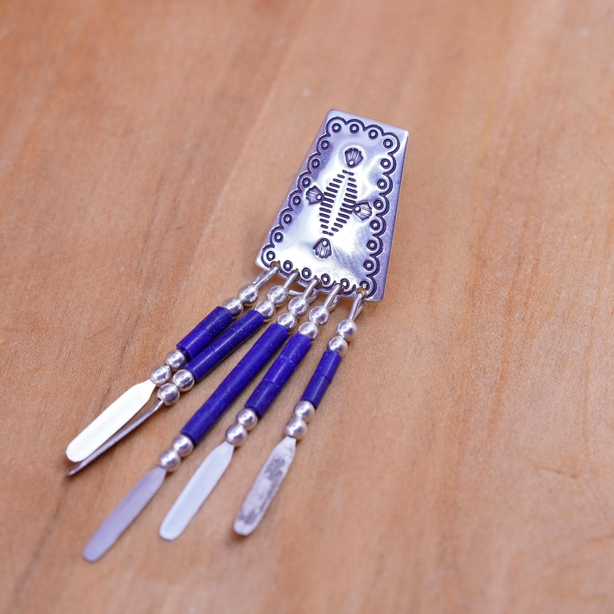 Quoc Turquoise Q.T. Sterling Silver Handmade Earrings, 925 lapis lazuli fringe