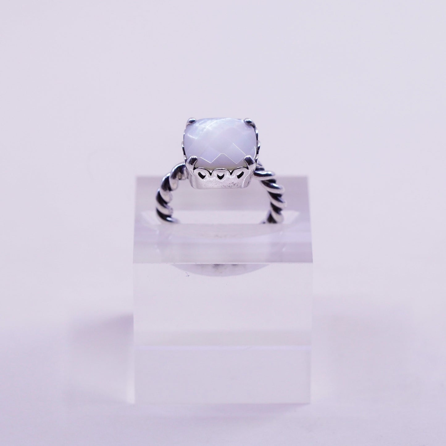 Size 6, ALE Sterling 925 silver ring with checker cut moonstone cable band