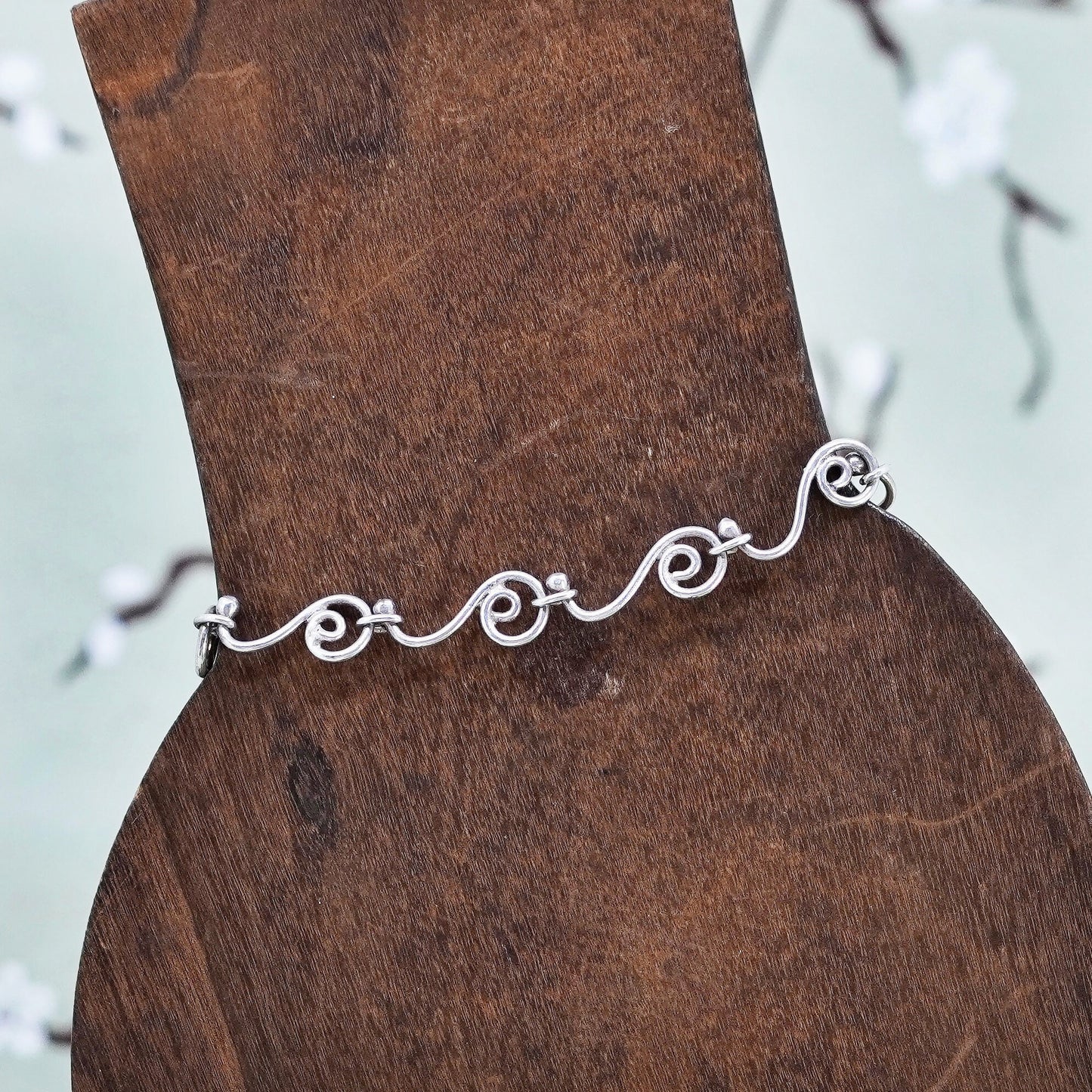 9.5”, vintage 925 Sterling silver swirl circle chain bracelet anklet