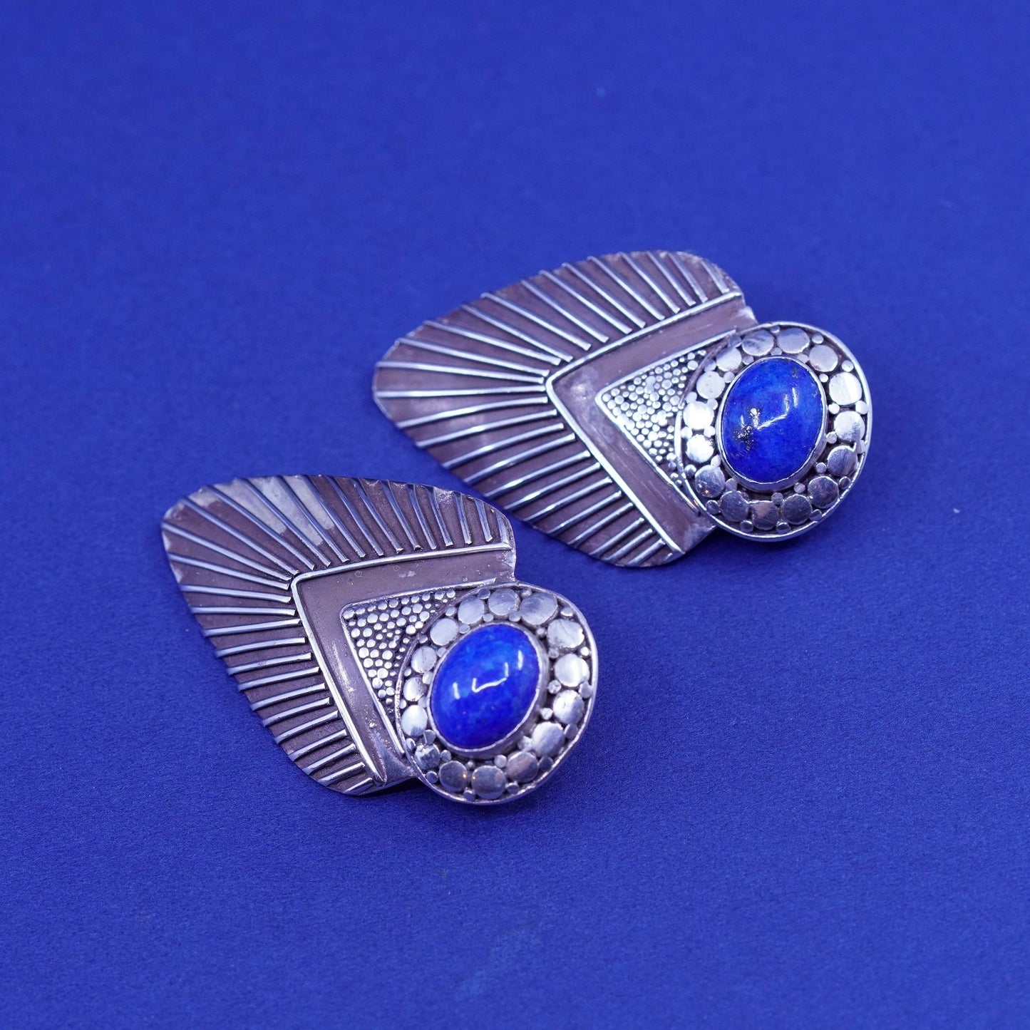 Vintage sterling silver handmade earrings, 925 teardrop studs with lapis lazuli