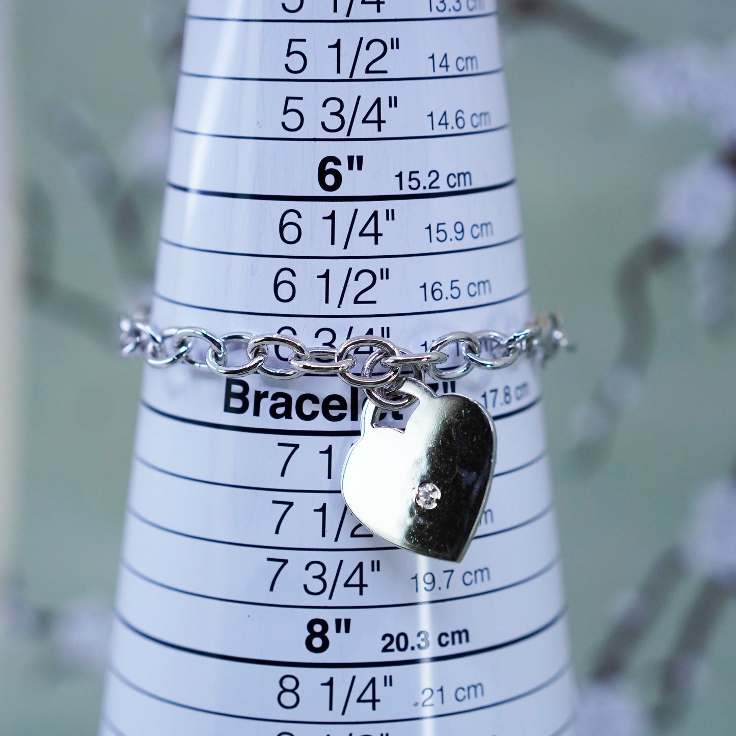 6.75”, sterling silver bracelet, bold 925 circle chain with heart charm diamond