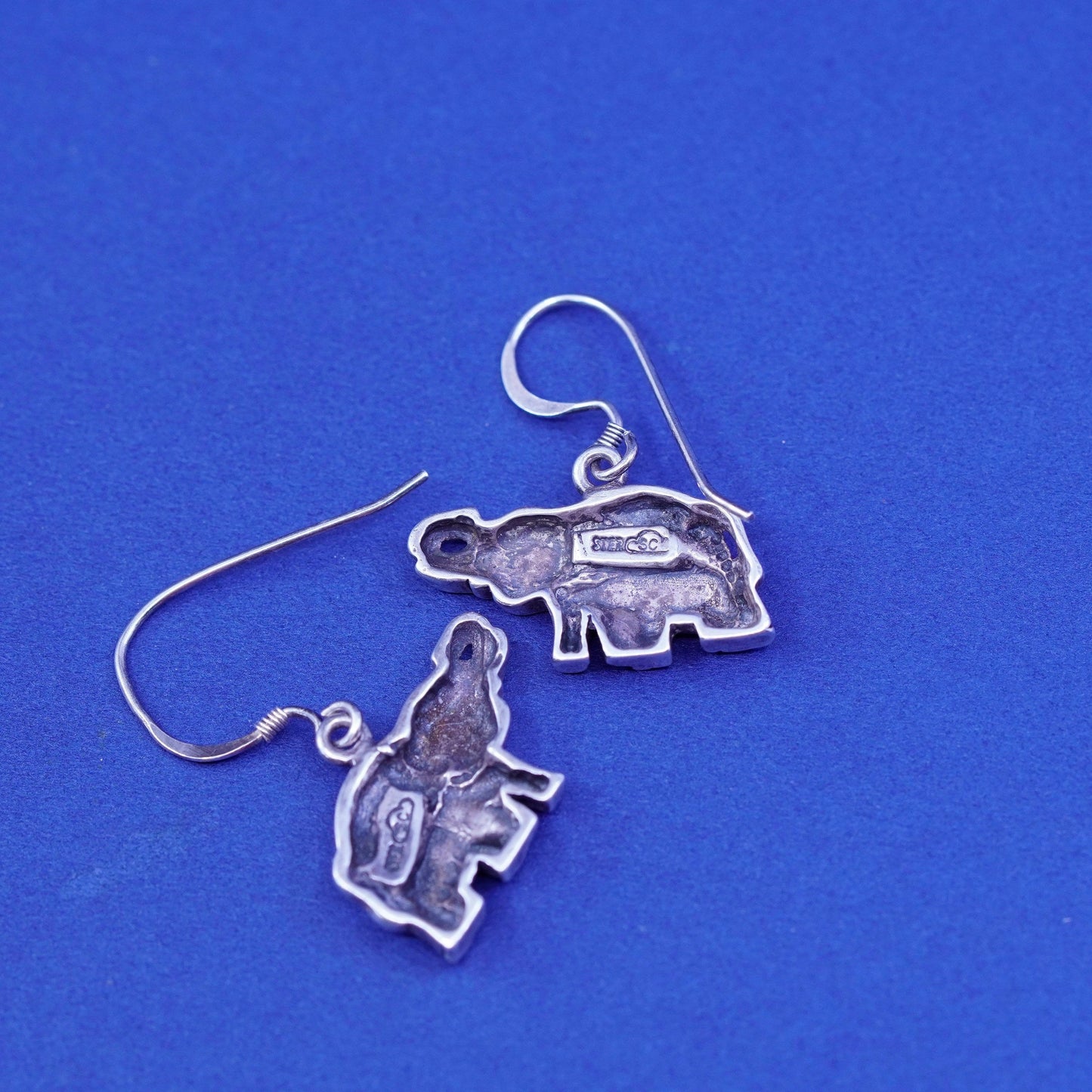Vintage SC Sterling Silver handmade Earrings. 925 mother baby elephants