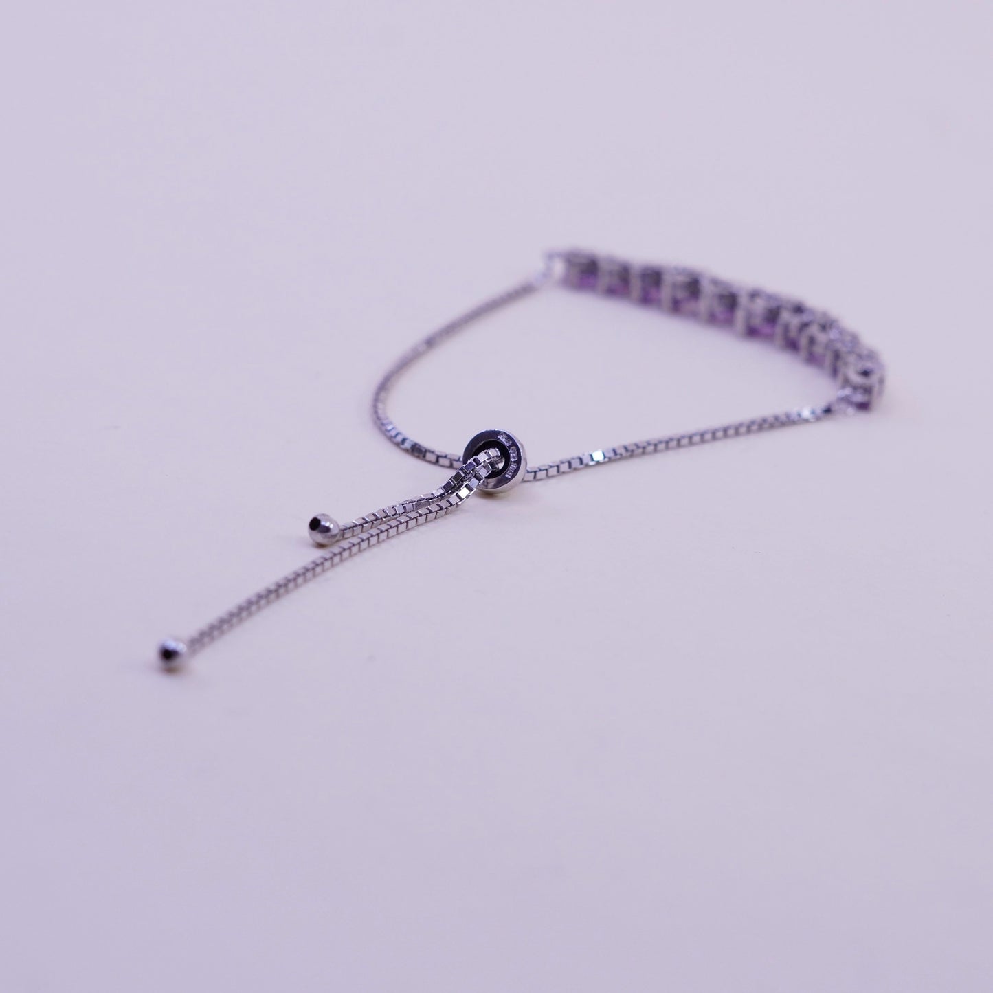 Size adjustable, Vintage sterling silver bracelet, 925 box chain heart amethyst