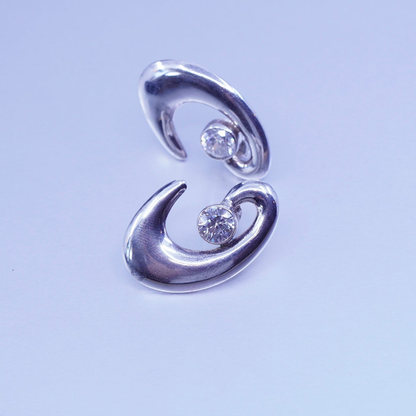 Vintage Sterling 925 silver handmade earrings, swirly studs with Cz inlay