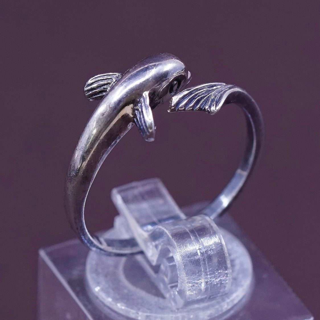 sz 7.5, VTG Sterling silver handmade ring, 925 wrap dolphin band