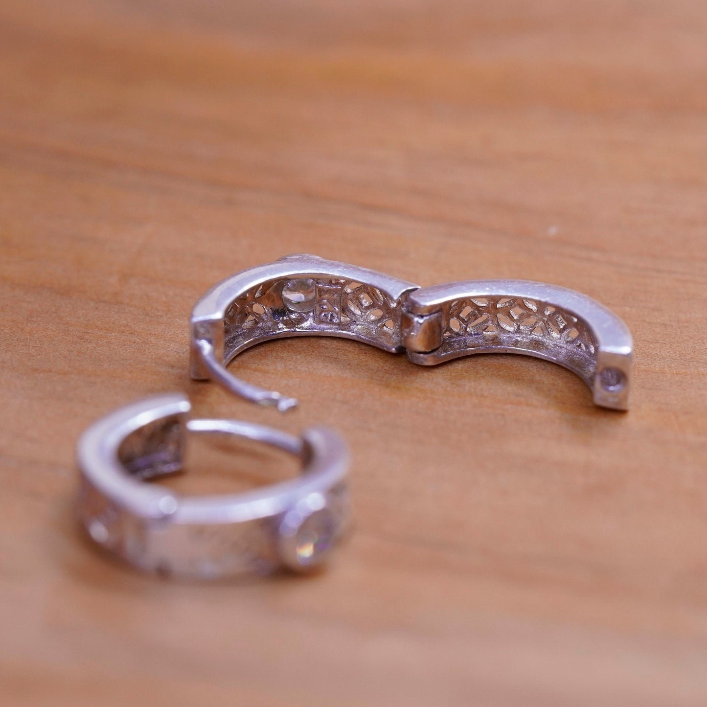0.5”, vintage Sterling silver handmade earrings, filigree 925 hoops with Cz