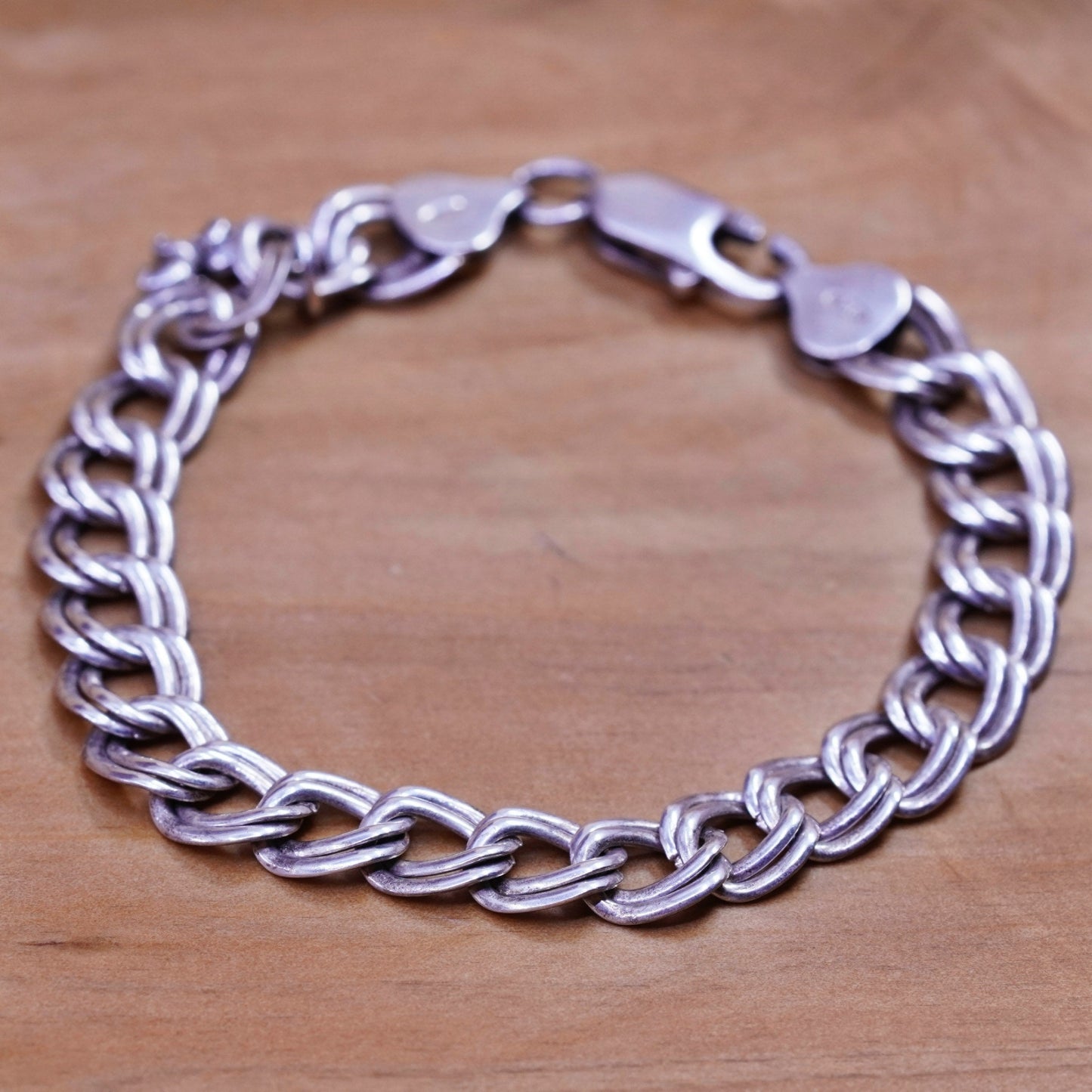 7”, vintage Sterling silver handmade double curb chain, 925 bracelet dog charm