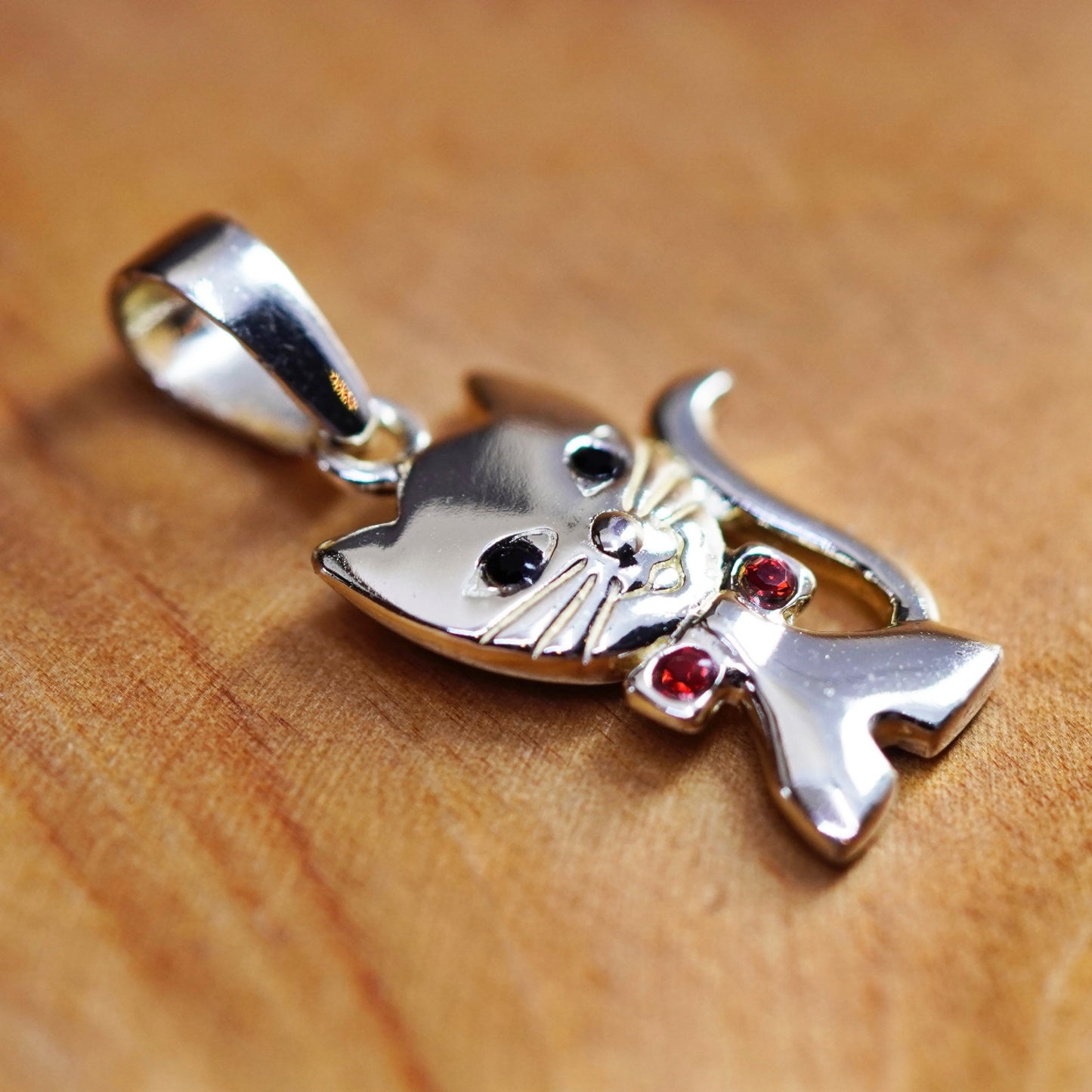 Vintage Sterling silver handmade pendant, 925 cat, kitty charm with crystal