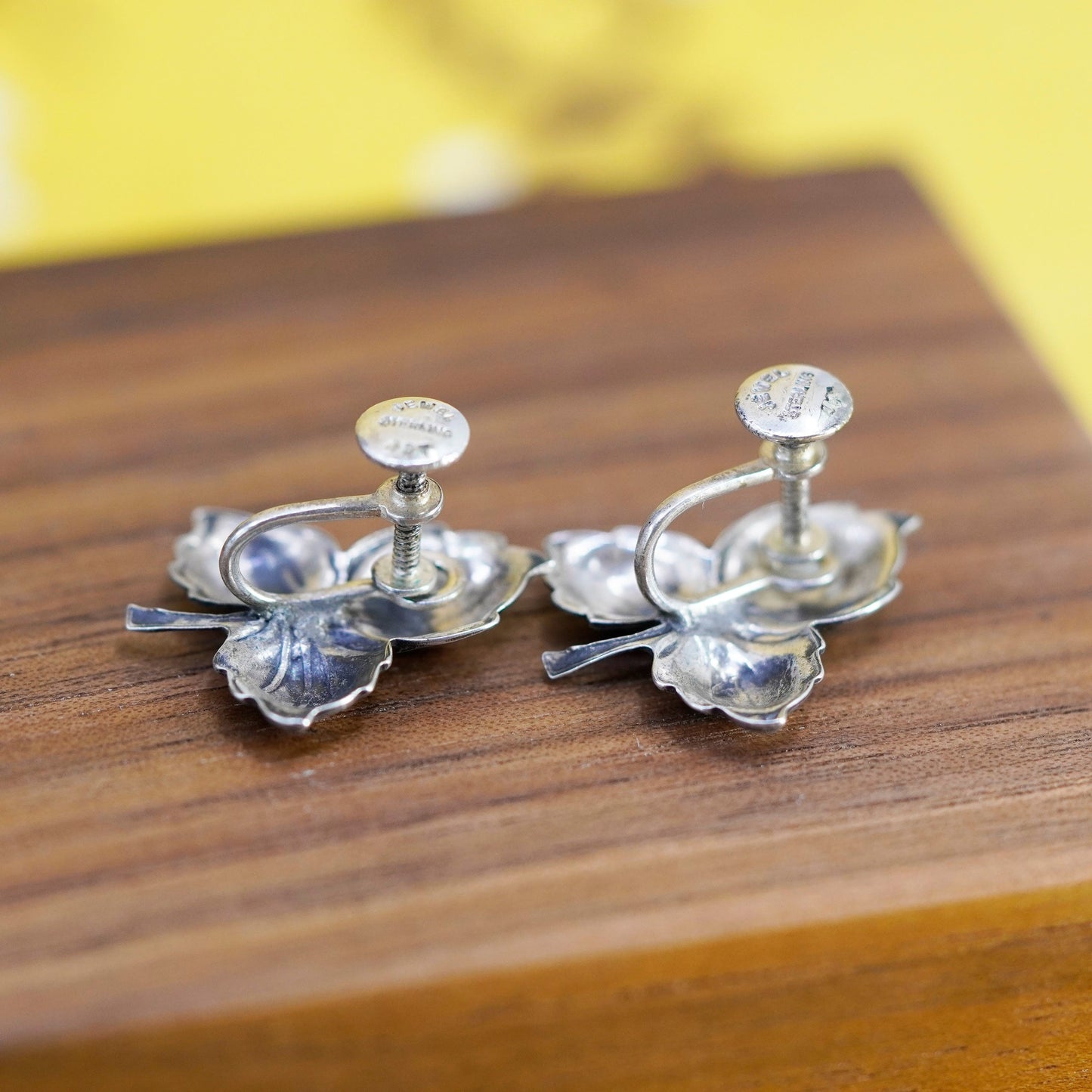 Vintage Jewel Sterling silver handmade screw back earrings, 925 leaf