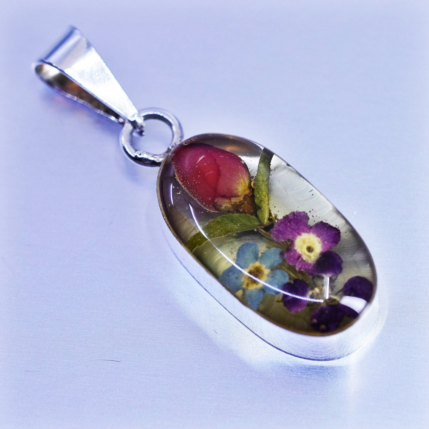 antique sterling 925 silver resin pendant with red resin flower