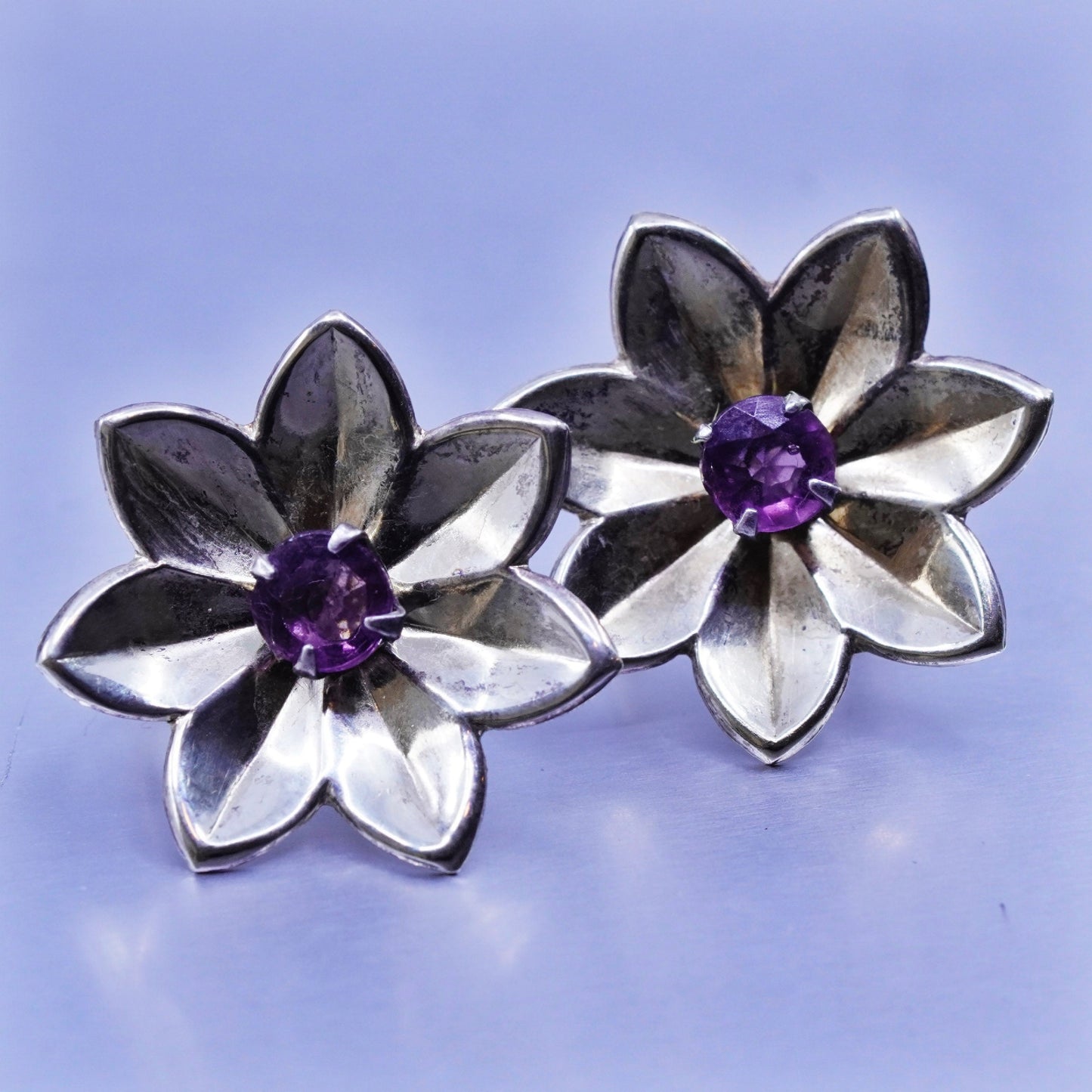 Vermeil Gold over Sterling 925 silver earrings, screw back flower with amethyst