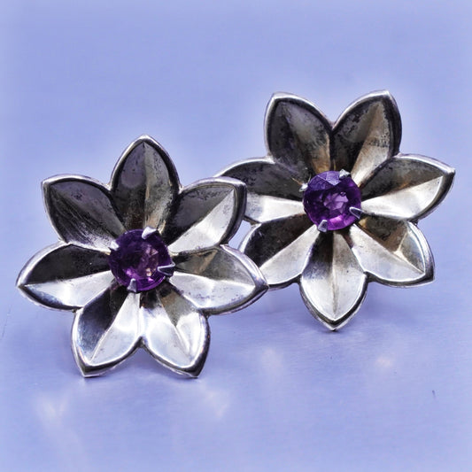 Vermeil Gold over Sterling 925 silver earrings, screw back flower with amethyst
