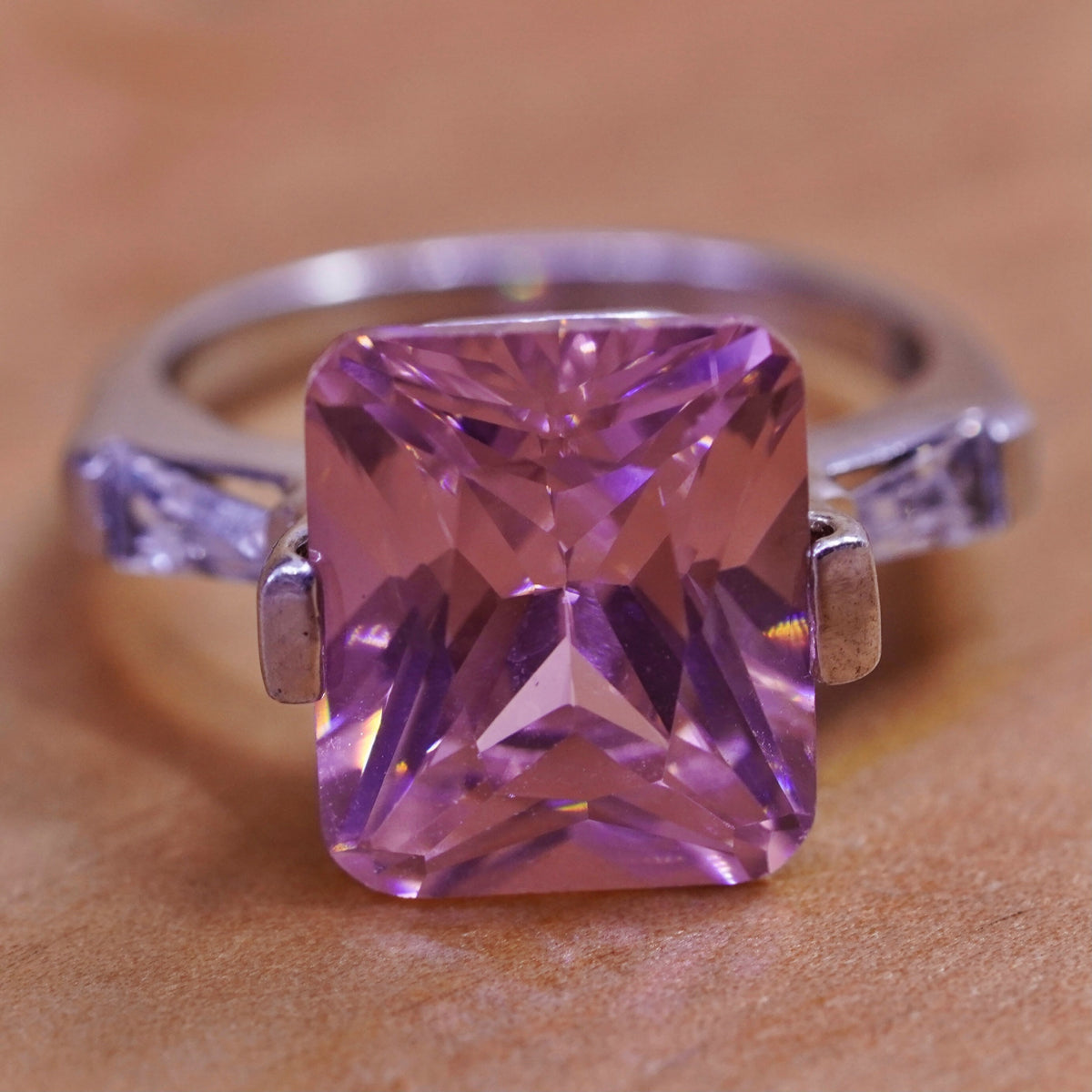 Size 4.75, vintage Sterling silver handmade ring, 925 band with pink Cz stone