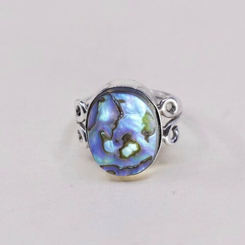 Size 6, Handmade Ring in Sterling 925 Silver N Oval Abalone, Silver Fested