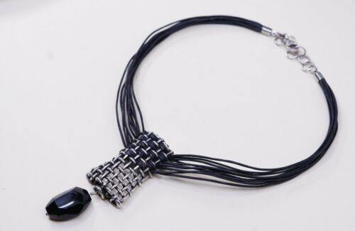14”+2”, Vtg Mexico Handmade Sterling 925 Silver Pendant W/ Black Leather Chain