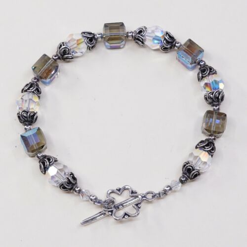 6.75”, Vtg Sterling Silver Handmade Bracelet, 925 Beads W/ Blue Crystal Beads