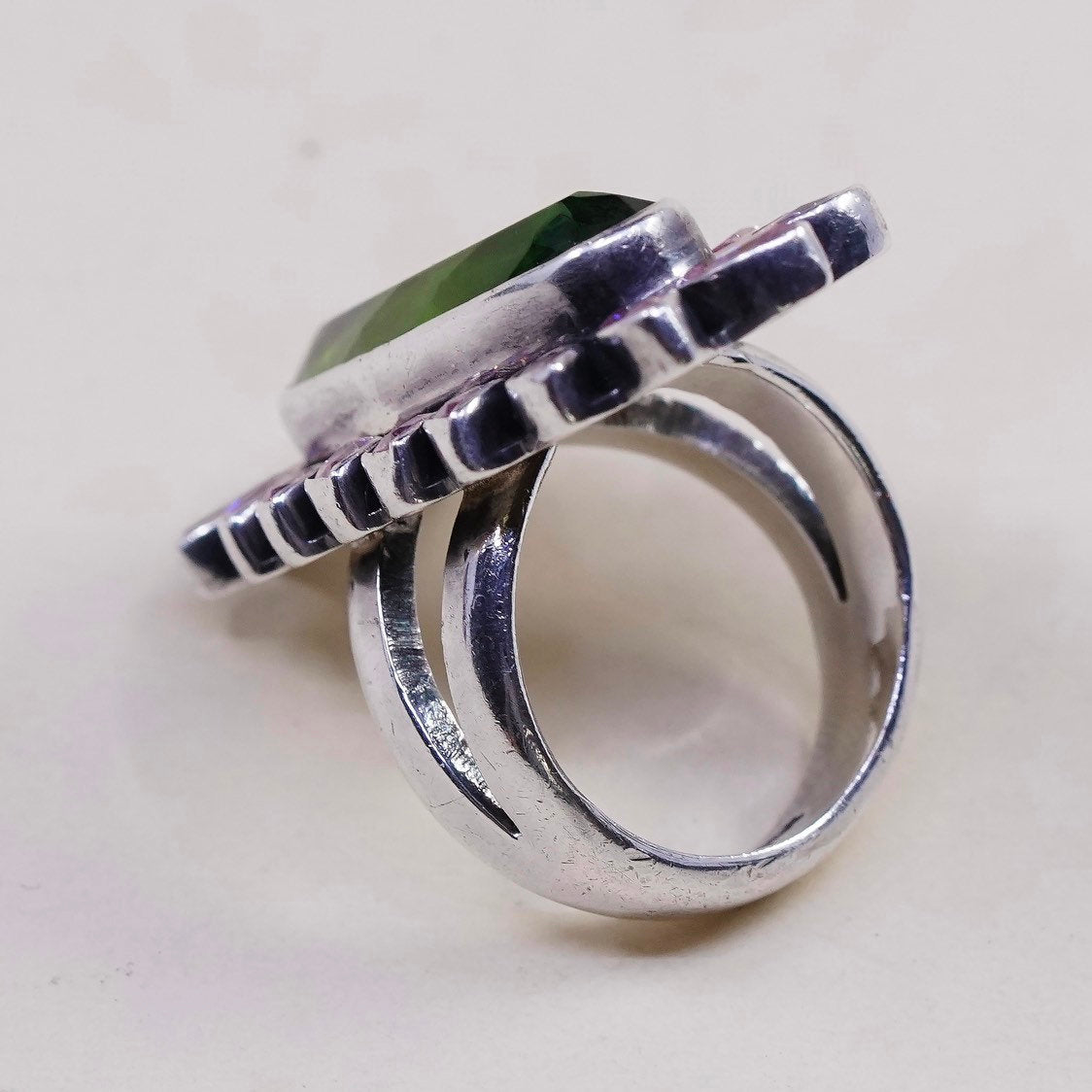 sz 6.25, sterling 925 silver handmade statement ring, peridot n pink crystal