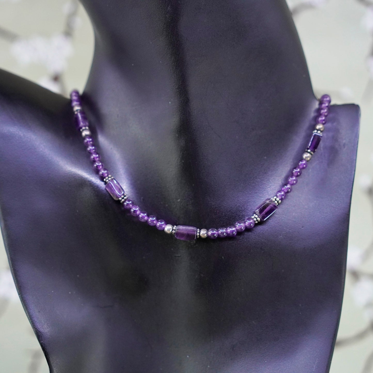16”+2”, Vintage sterling silver handmade necklace, amethyst beads