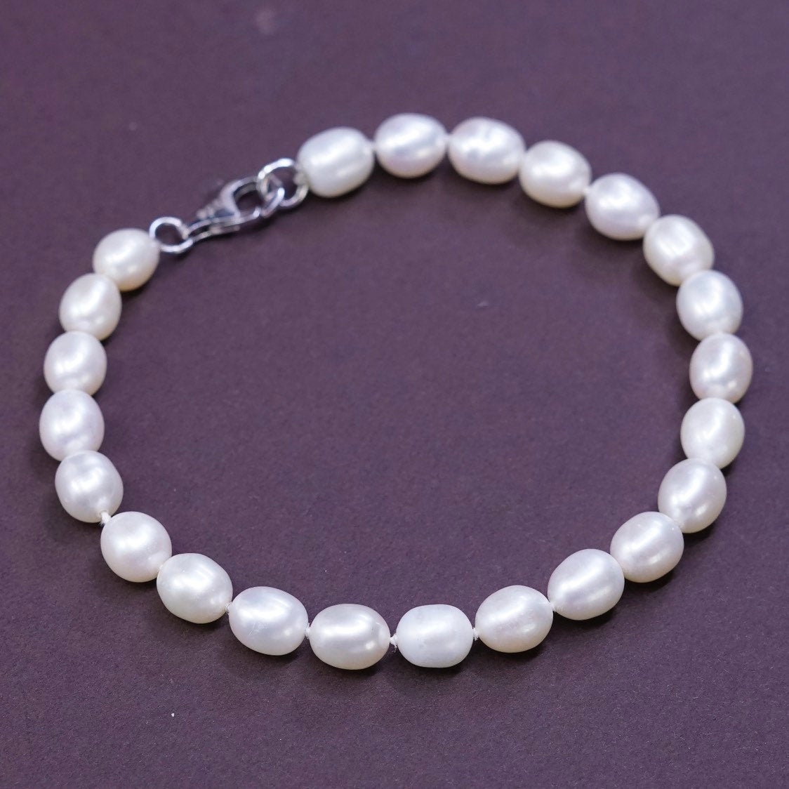 7.75”, vtg Sterling silver handmade bracelet, pearl beads chain w/ 925 clasp