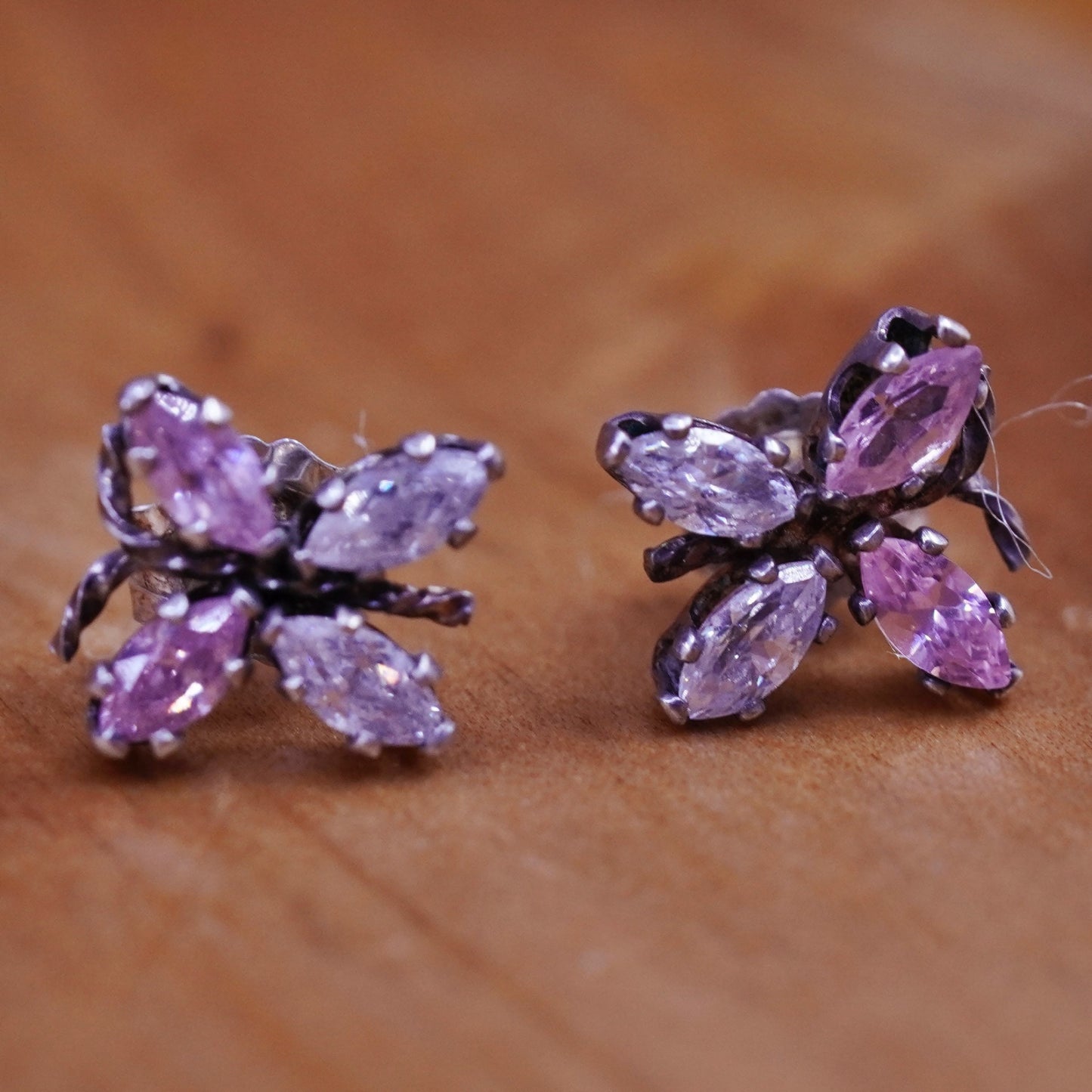 Vintage Sterling 925 silver handmade earrings, butterfly studs with cz