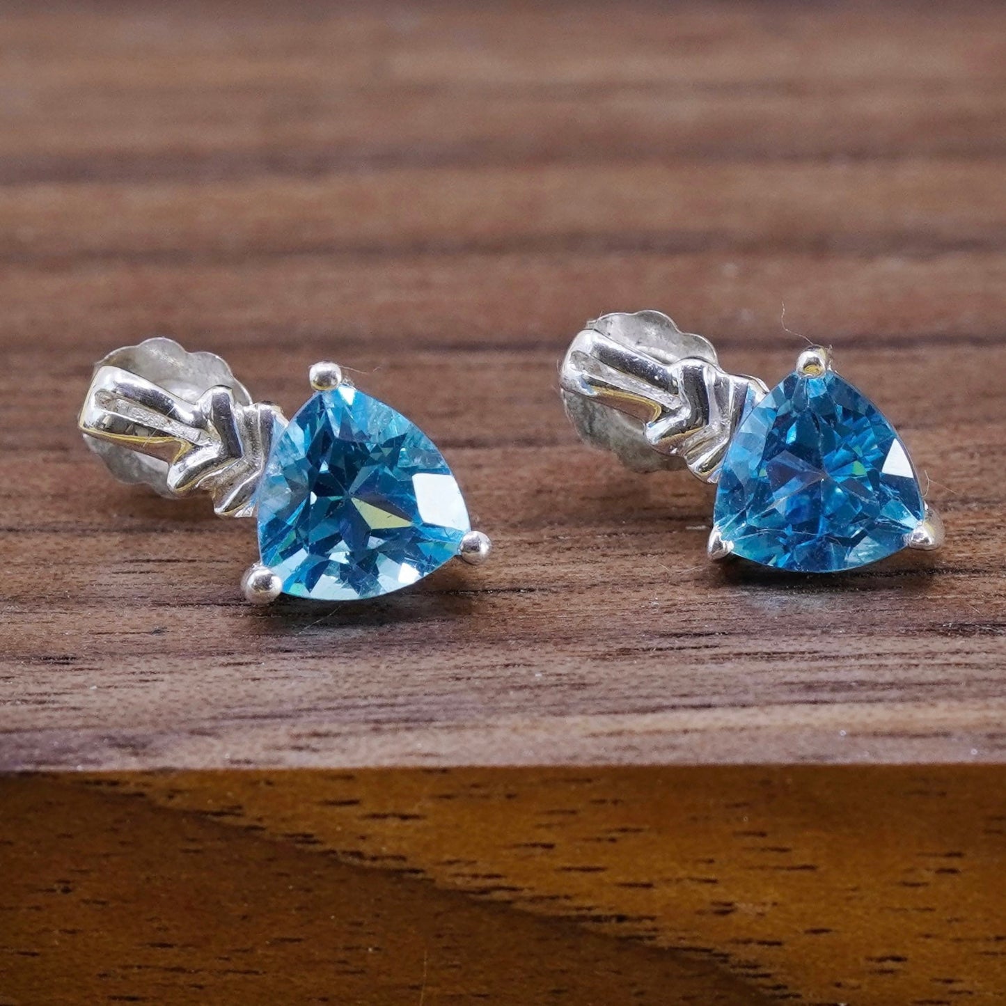 vintage Sterling 925 silver earrings, blue heart topaz studs