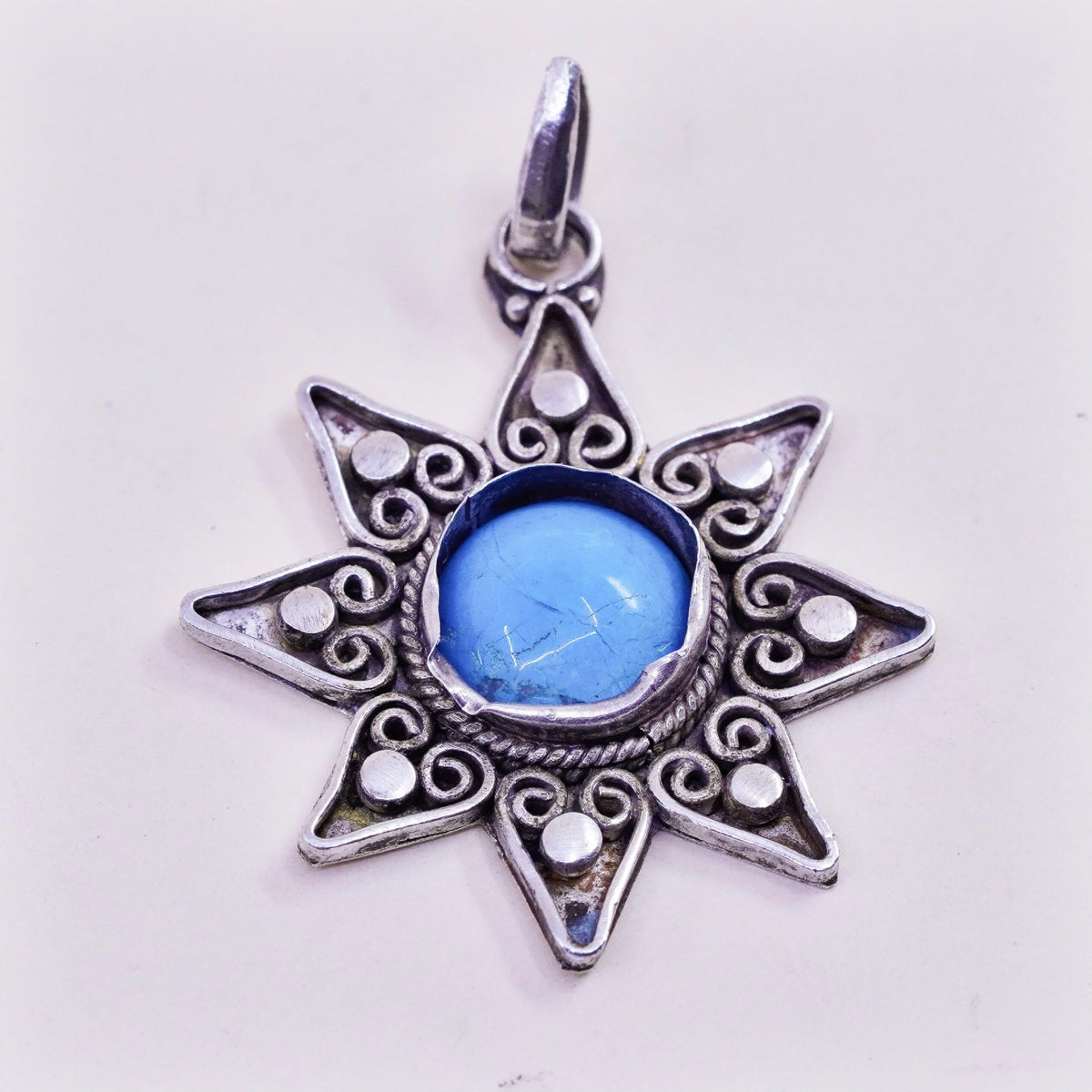 Vintage Sterling 925 silver handmade sun pendant with turquoise