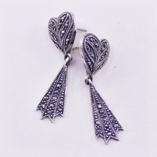 Vintage Sterling 925 silver handmade heart earrings with Marcasite