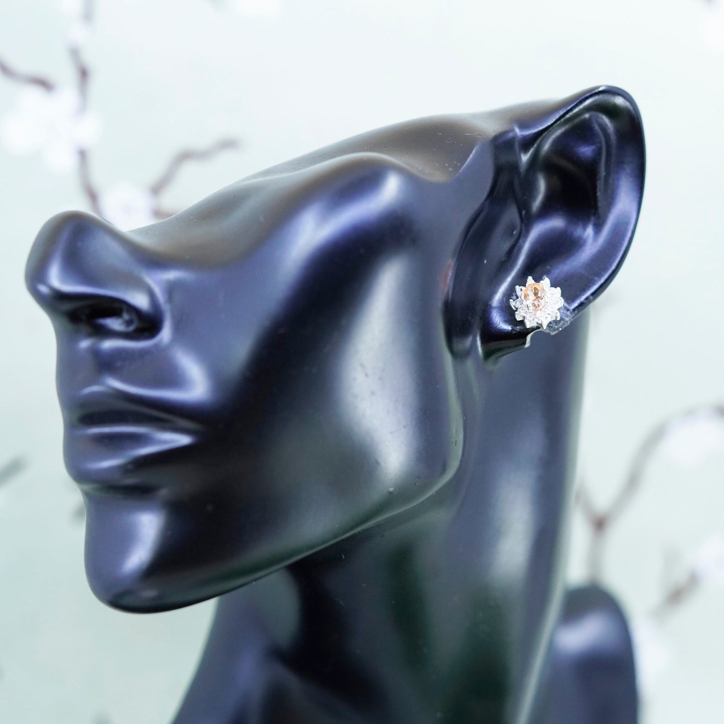 Vintage sterling silver studs earrings with citrine and cz, fashion earrings