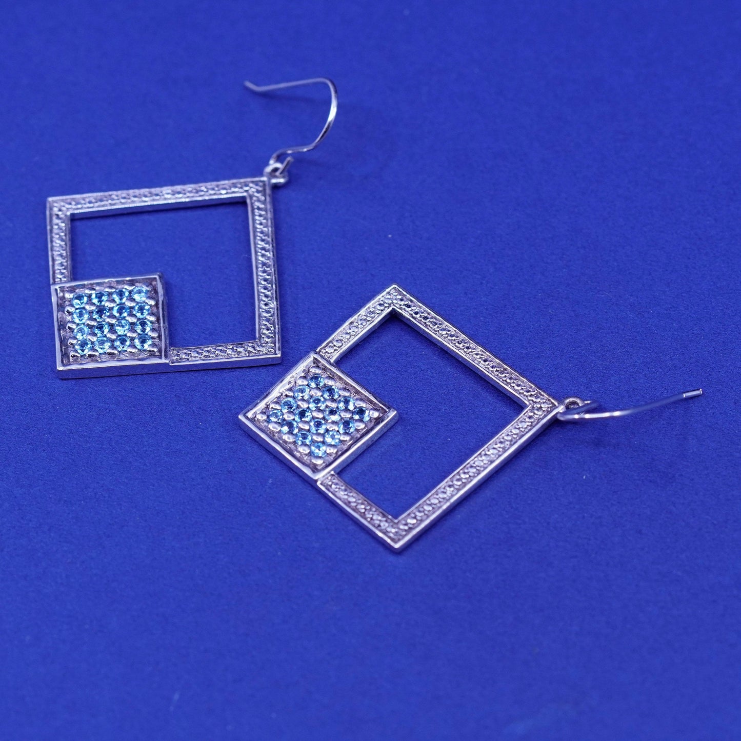 Vintage Sterling silver earrings, 925 square with cluster blue cz