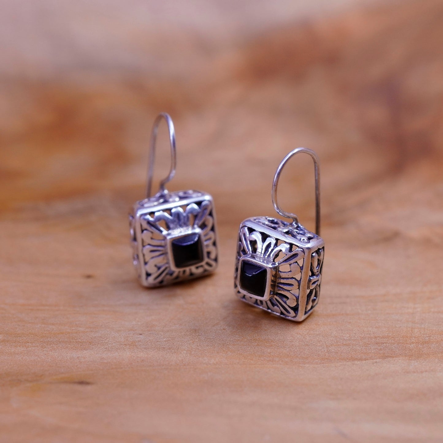 Vintage Sterling 925 silver handmade earrings with square obsidian and beads