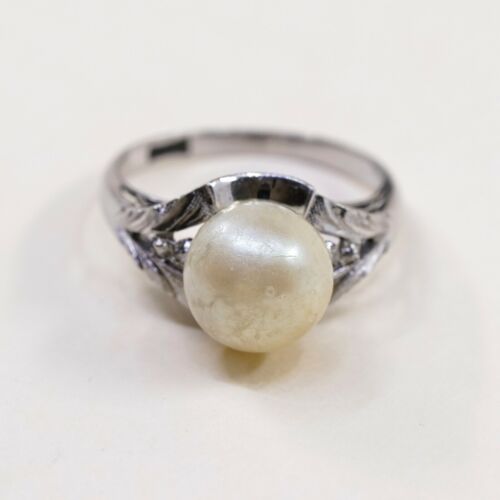 Sz 6.25, Vtg Sterling Silver Handmade Ring w/ Golden Faux Pearl, Stamped 925
