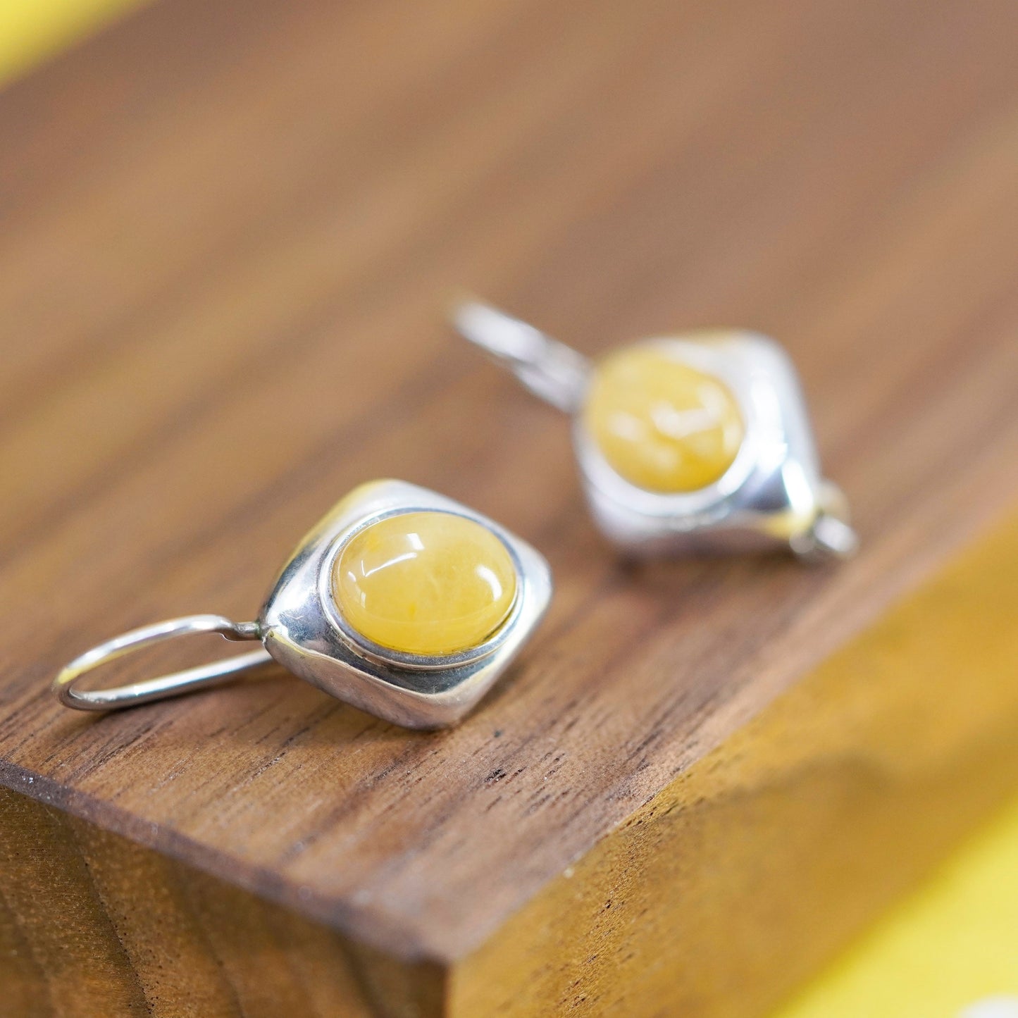 Vintage sterling 925 silver handmade earrings with oval citrine
