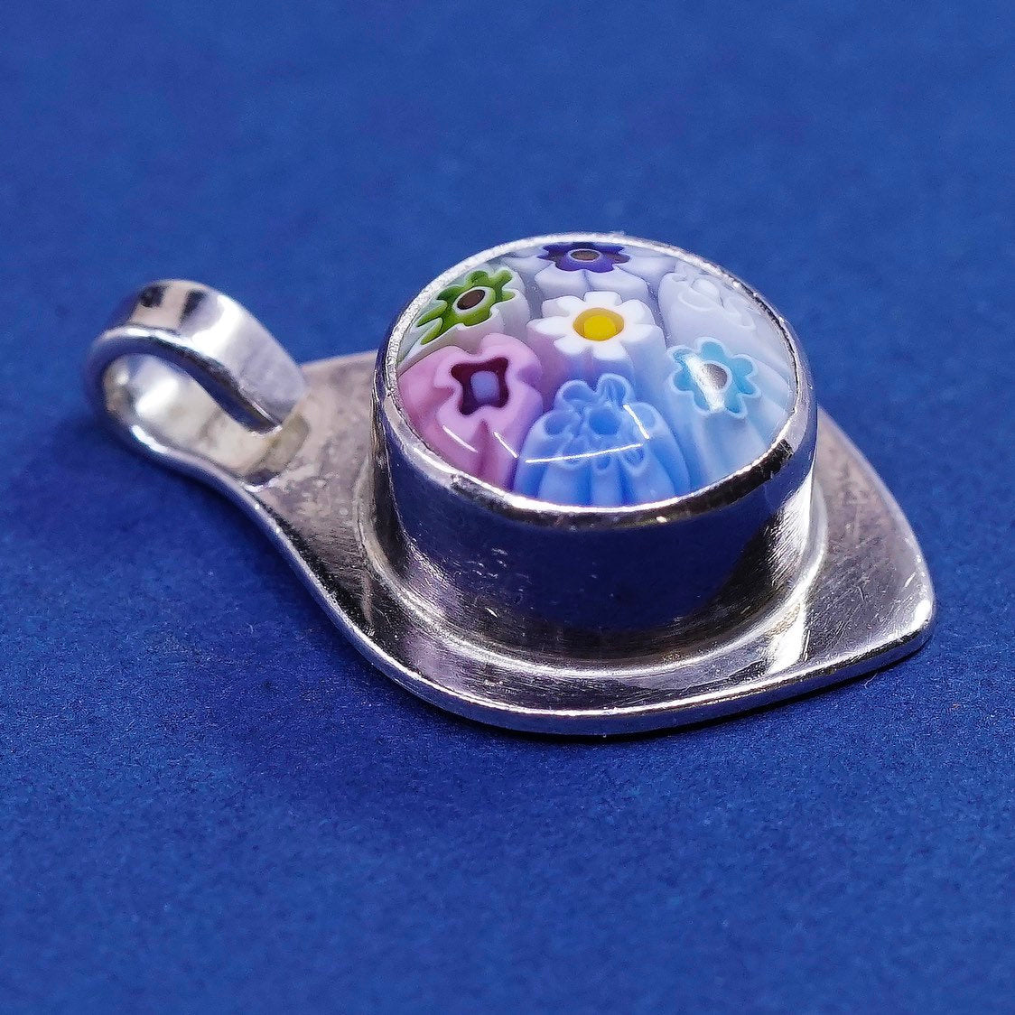 vtg handmade sterling silver tag, 925 w/ multiciori pendant, murano glass
