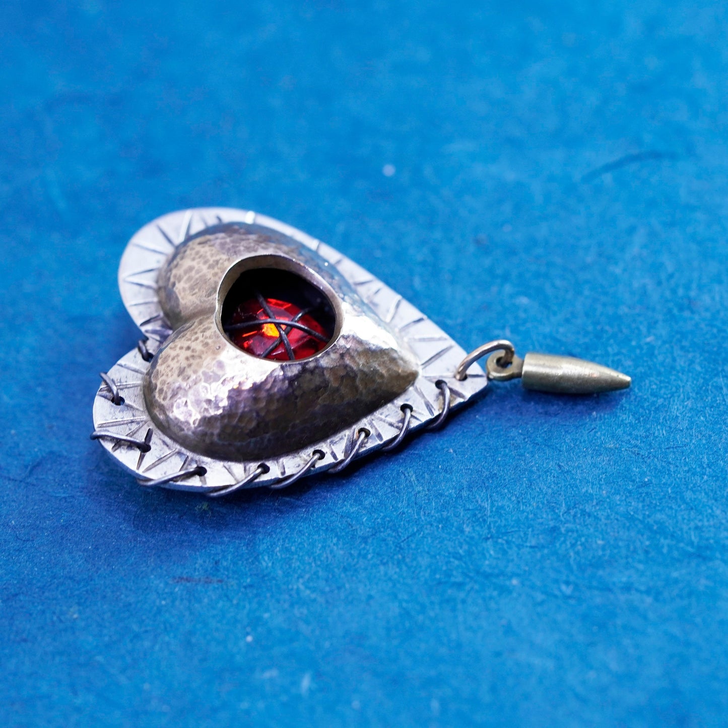 vtg designer sterling silver handmade brooch, 925 modernist heart pin with ruby