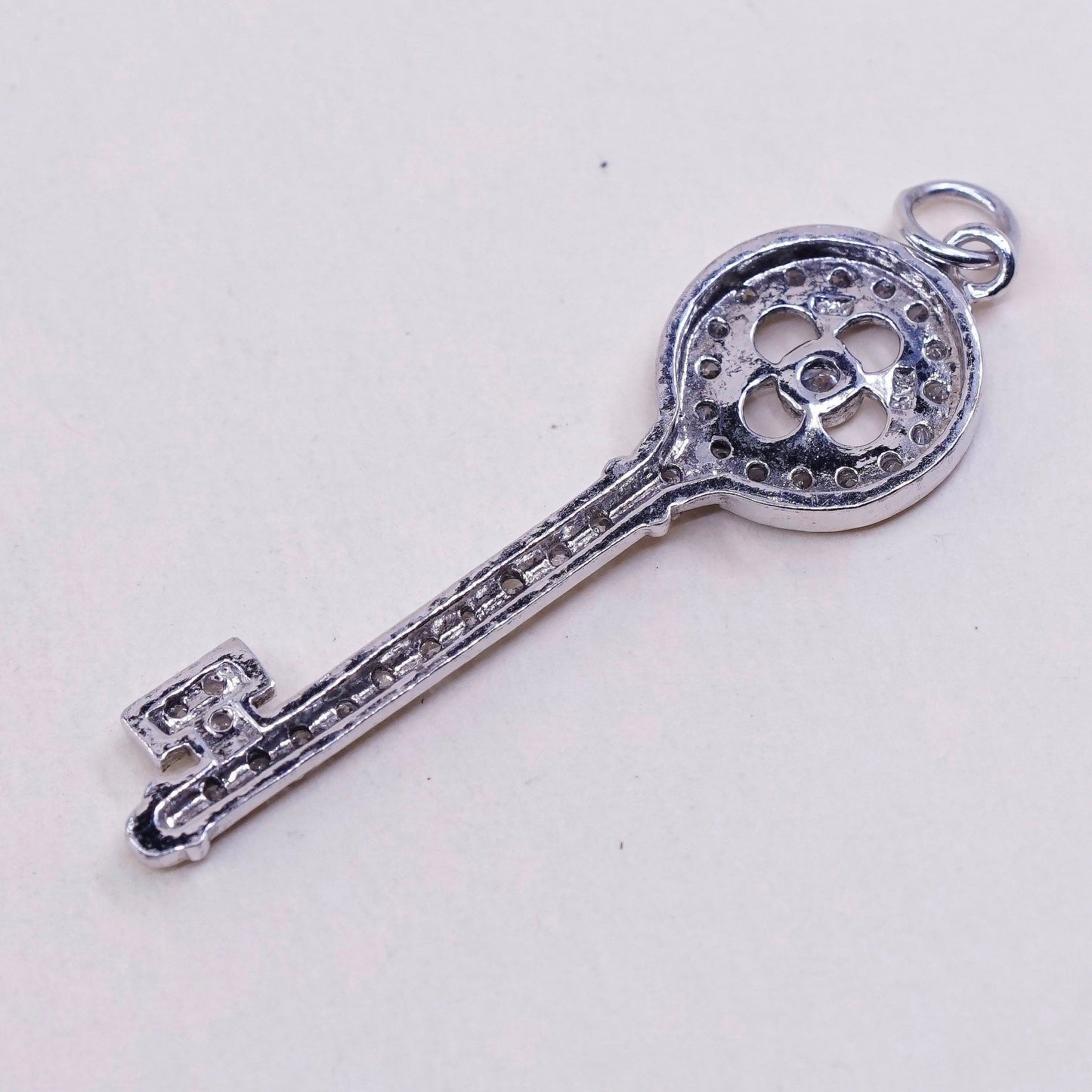 Vintage sterling silver key with cz crystal pendant, 925 silver charm