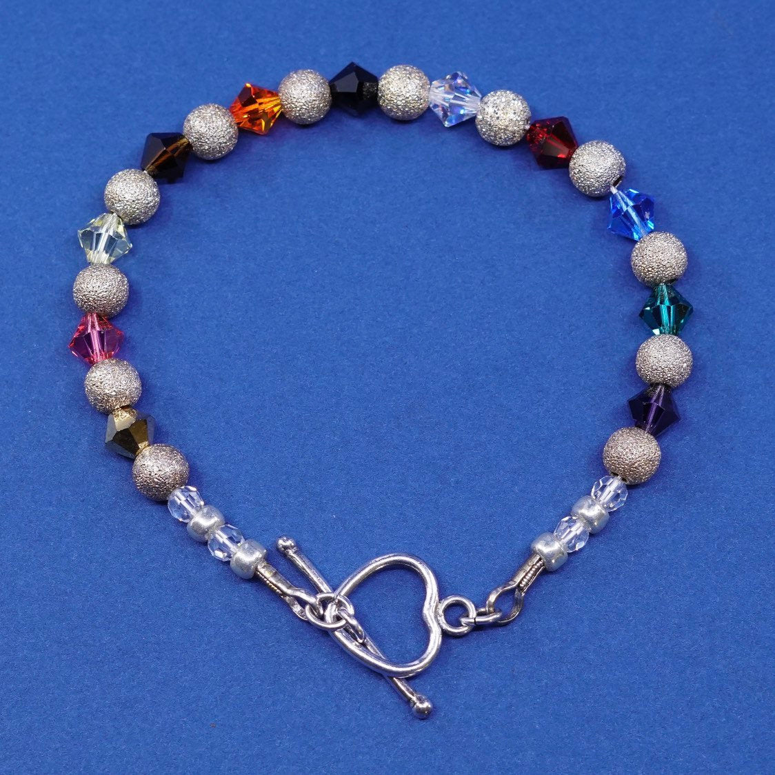 7.25”, sterling silver handmade bracelet, 925 beads w/ crystal beads N heart