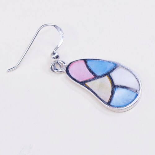STERLING 925 SILVER Handmade Earrings W/ Blue N Pink Bean MOTHER OF PEARL